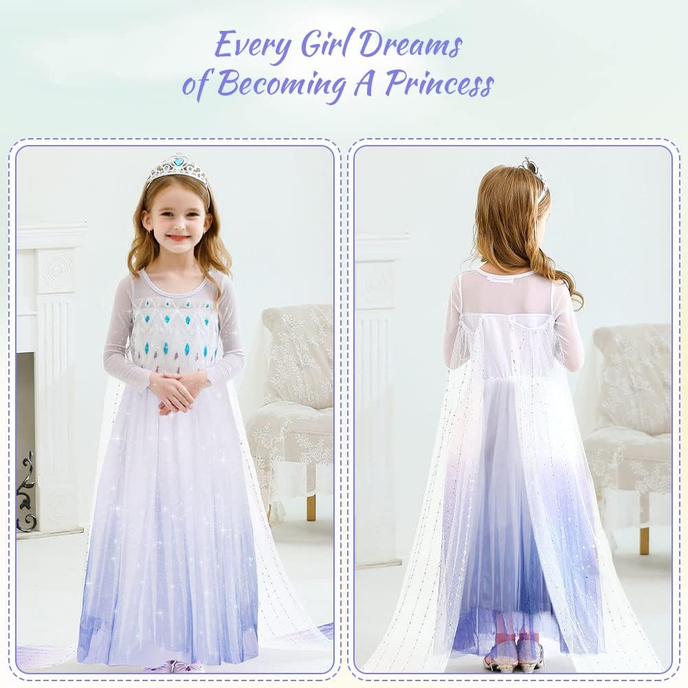Princess Elsa Dress Costume, Luxury Princess Dress with Shining Long Cape, Snow Party Dress Elsa Princess Costume for Girls Toddler Cosplay Elsa Dress Up image number 3