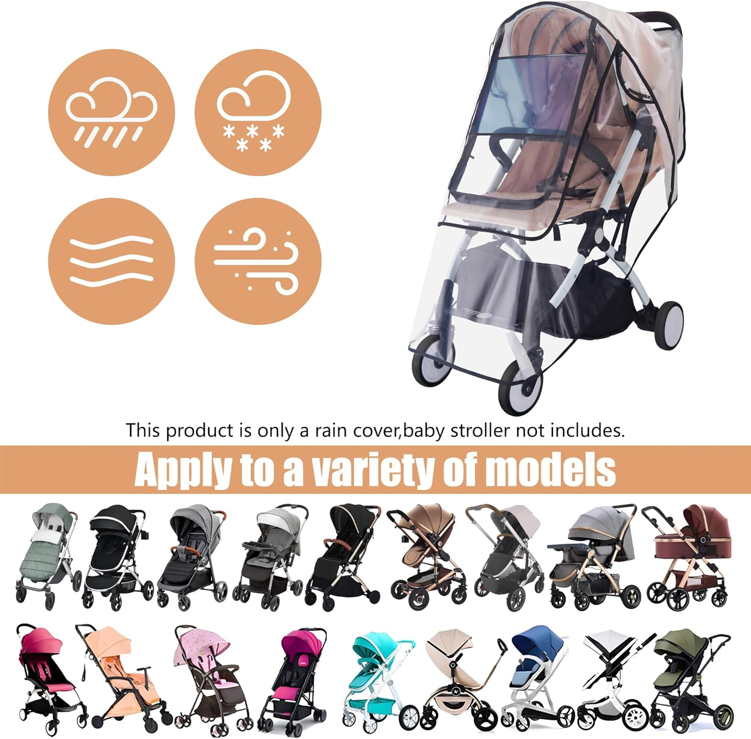Bemece Stroller Rain Cover, Universal Stroller Accessory, Baby Travel Weather Shield for Summer, Windproof Waterproof, Protect from Dust Snow - Double Protection image number 3