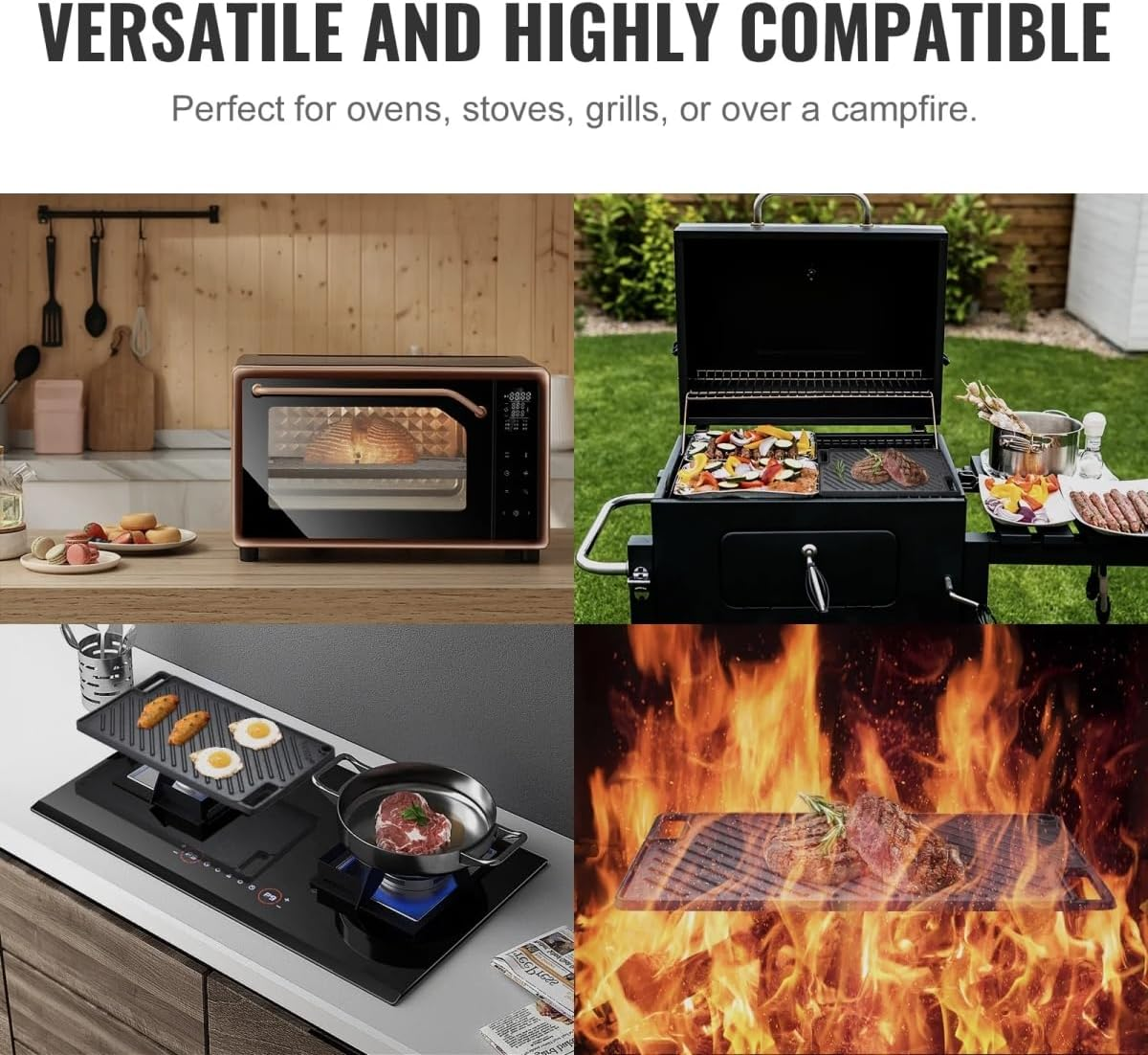 Cast Iron Reversible Grill Plate, Double-Sided Griddle Pan with Tongs & Gloves, Rectangular Grilling Pan for Stove Tops, Gas Grills, Outdoor Cooking, 46&times;25Cm image number 6