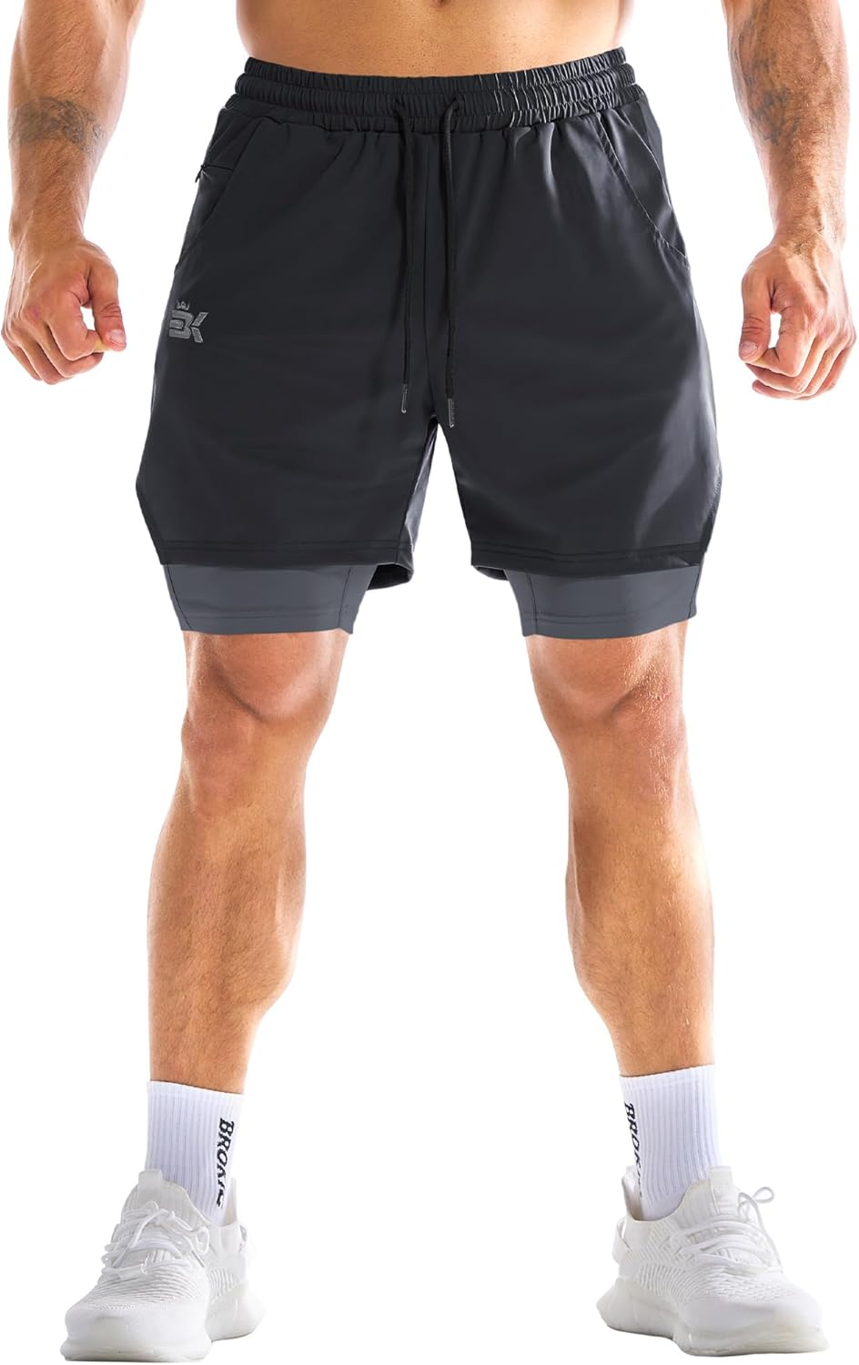 BROKIG Men'S Liner Gym Shorts, Lightweight Running Sport Workout Tennis Short Training Athletic with Zip Pocket image number 3