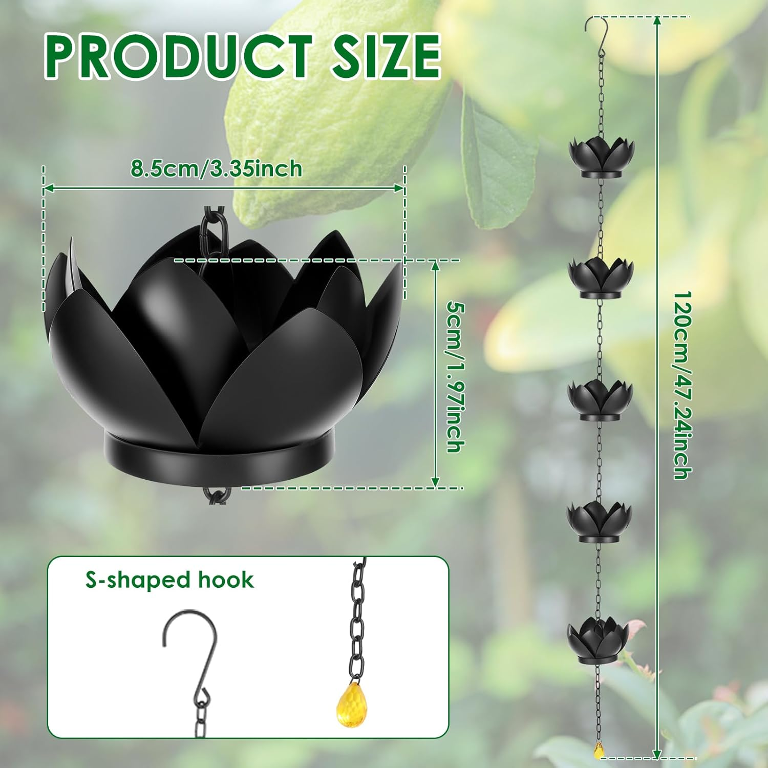 Rdjeokf Metal Rain Chain Replacement, with S Hook Adjustable Length, Imitation Water Lily Rain Chain, Premium Rain Chains for Gutters image number 5