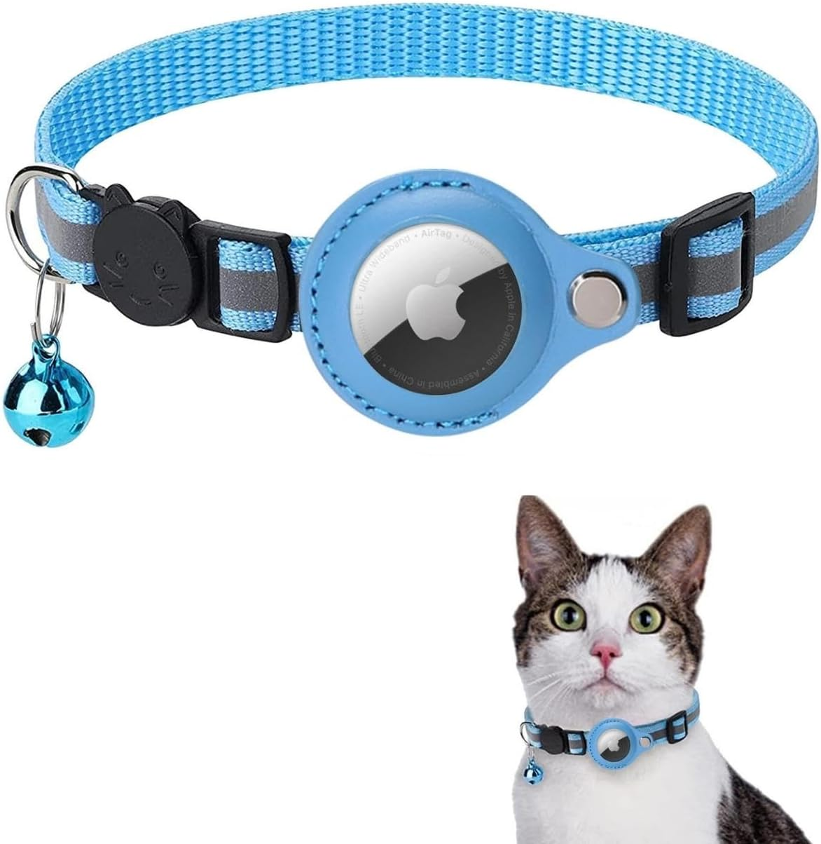 Airtag Cat Collar, Reflective Air Tag Cat Collar with Airtag Holder and Bell, Lightweight Cat Tracker Collar, Cat Airtag Collar with Breakaway Safety Buckle for Cat Dog Kitten Puppy (Black)