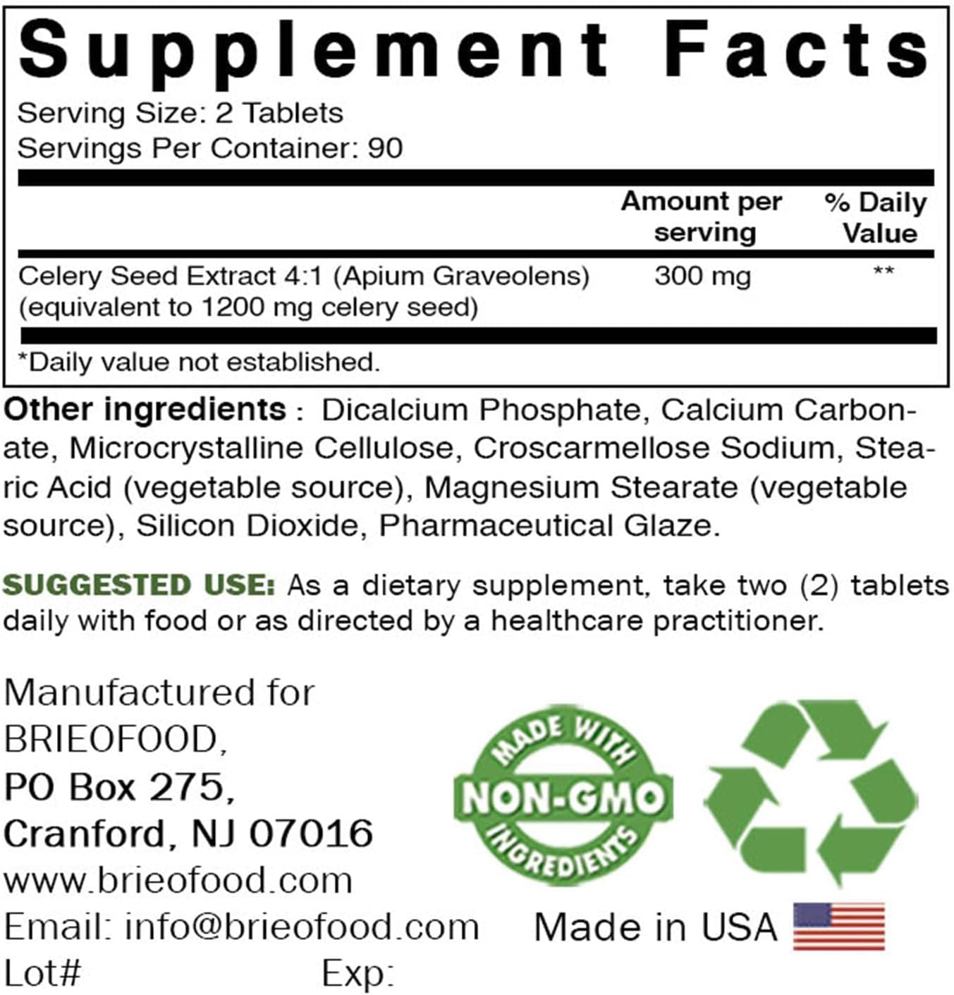 Brieofood Celery Seed 1200 Mg per Serving- 180 Tablets, Gluten Free, and Non-Gmo image number 1