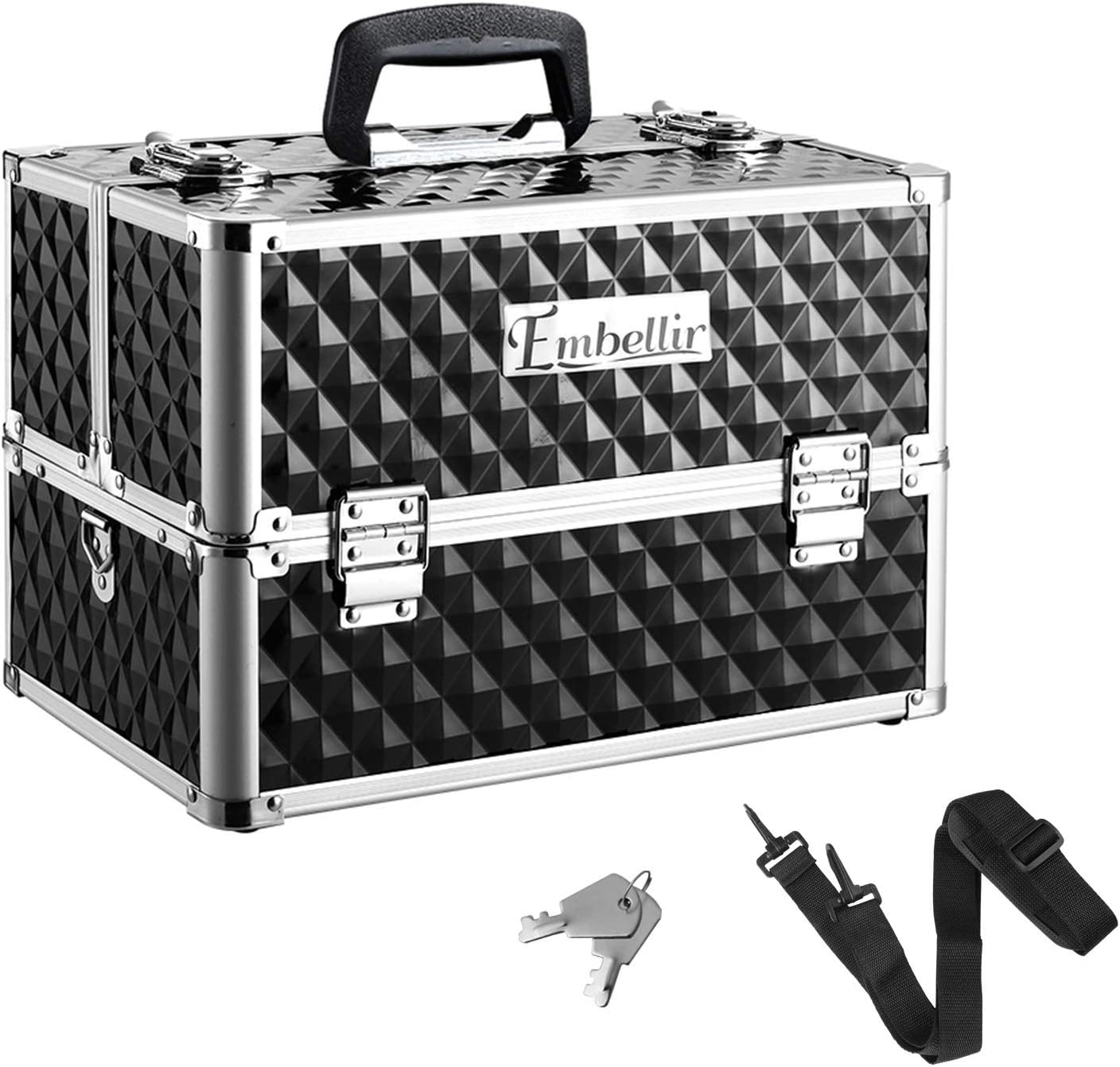 Embellir Makeup Case, Aluminium Lockable Beauty Cases Suitcase Make up Large Organisers Storage Portable Toiletry Cosmetic Box Travel Indoor Outdoor, with 4 Trays Shoulder Strap 8 Dividers Pink