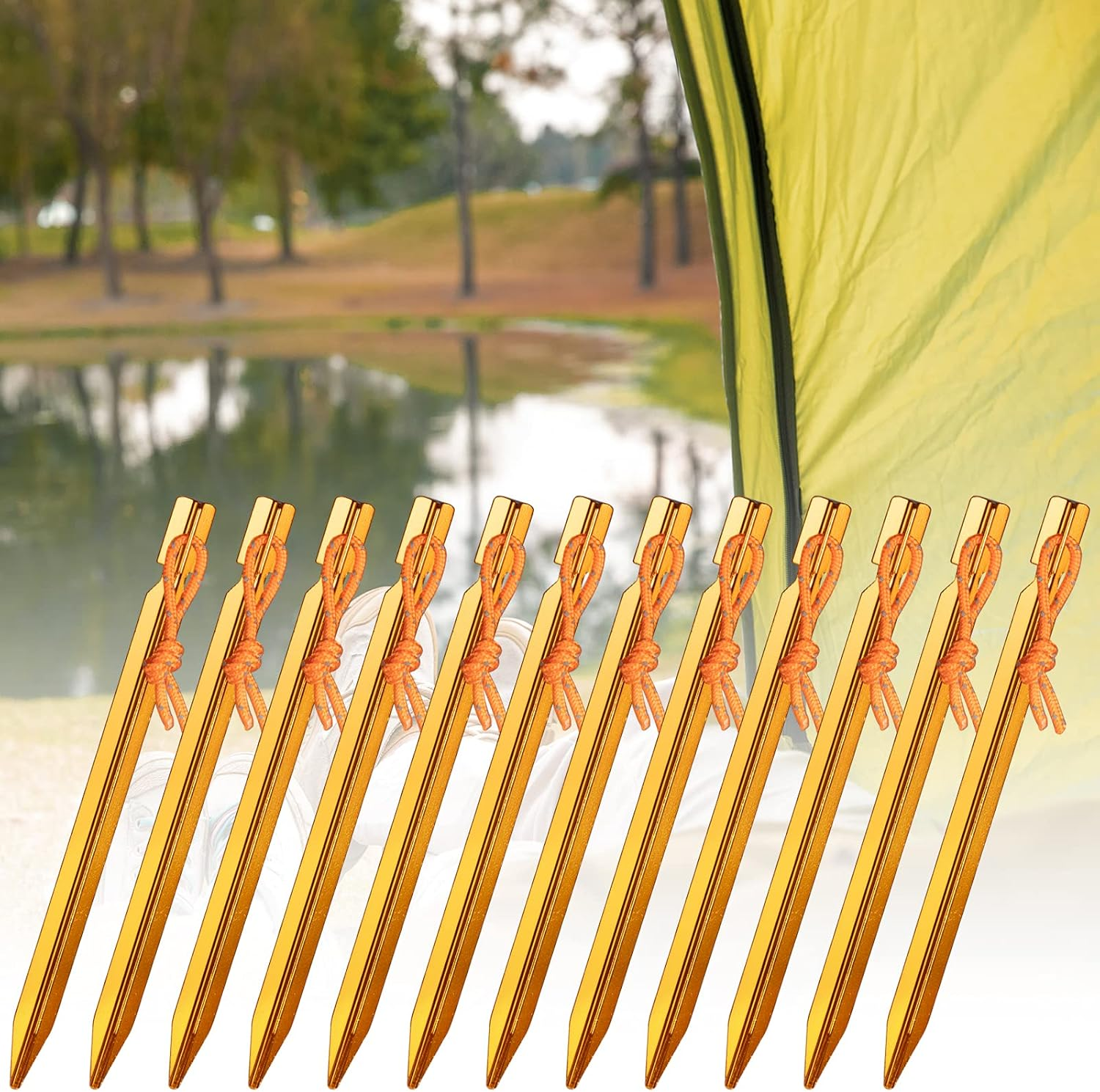 12 Pieces Tent Pegs, Y-Shaped Heavy Duty Tent Pegs Aluminium Alloy Gold Camping Tent Stake Nail with Reflective Rope for Camping, Outdoor, Beach and Hiking image number 3