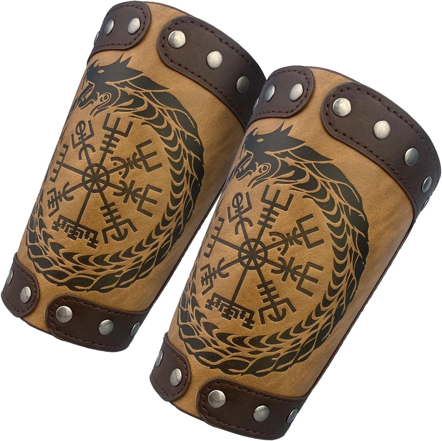 Hiifeuer Embossed Viking Symble Faux Leather Arm Armor, Viking Gauntlet Bracers, Knight Arm Guards for LARP Ren Faire image number 2
