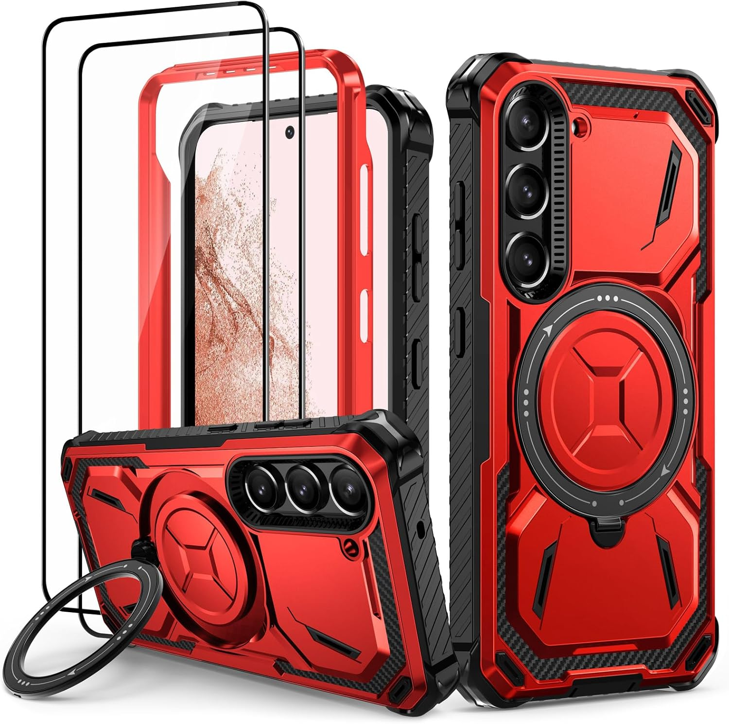 Lanhiem Case for Samsung Galaxy S22 with 2 Pieces Tempered Glass, 360&deg; Ring Stand Protective Case, Military Shockproof Mobile Phone Case for Samsung S22, Blue