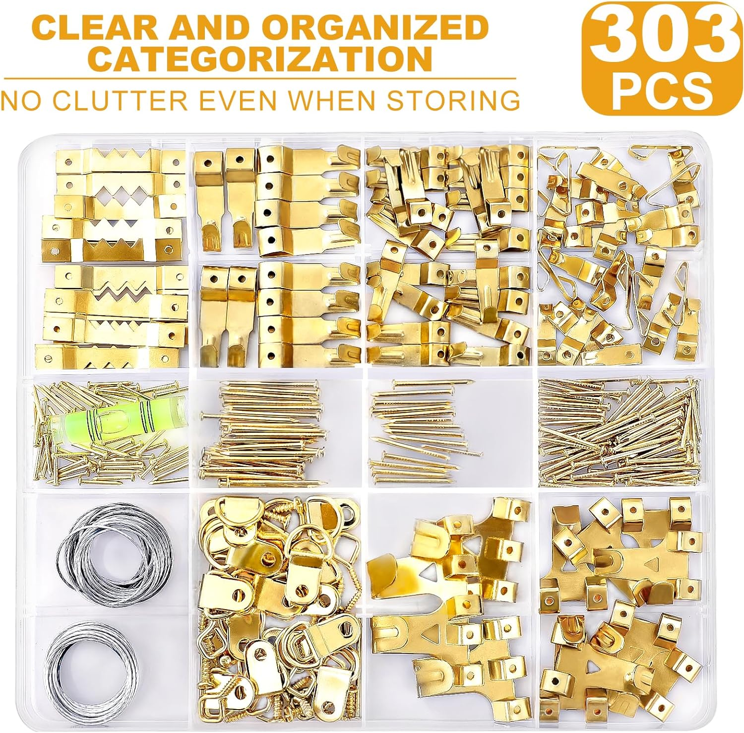 KURUI 303Pcs Picture Hanging Kit, Picture Hangers Assorted Kit with Heavy Duty Wall Hooks, Sawtooth, Picture Wire, D Rings, Hardware Nails, Eye Hooks and Picture Hanging Tool for Frame Canvas Mounting image number 6