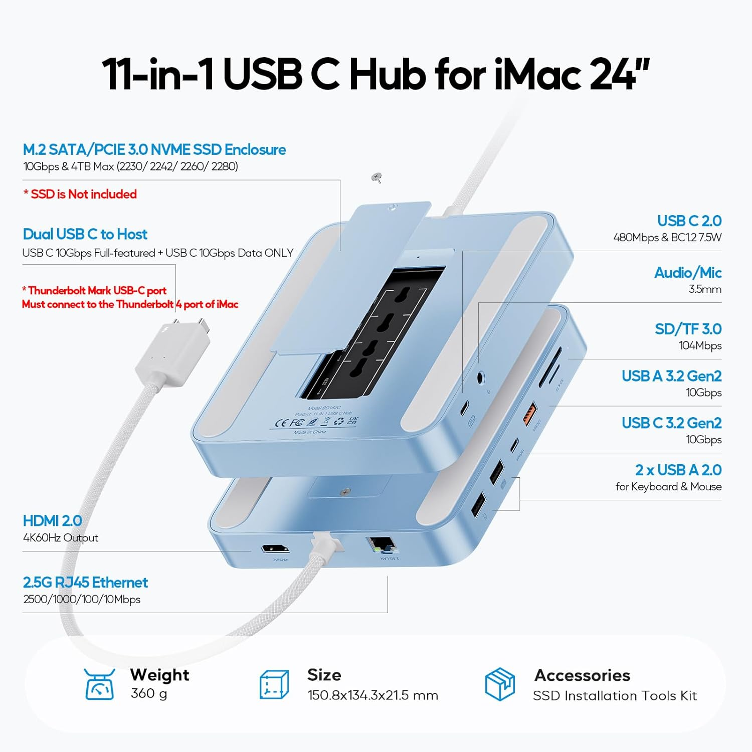 PULWTOP 11 in 1 USB C Hub for Imac 24 Inch 2021 2023 2024 USB Hub Docking Station Support M.2 SSD (NOT Included), Imac M1 M3 M4 Accessories, 4K HDMI, 2.5G Ethernet, 5 USB A/C 3.2 10Gbps, SD/TF - Blue - Green image number 7