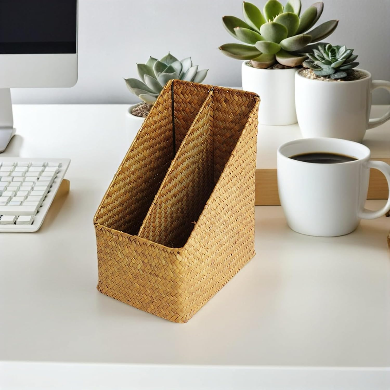 RUNROTOO Hand-Woven Caramel Color Document Organizer Basket for Desktop File Storage and Office Books Holder, Woven Storage Box Suitable for Desk Organization image number 5