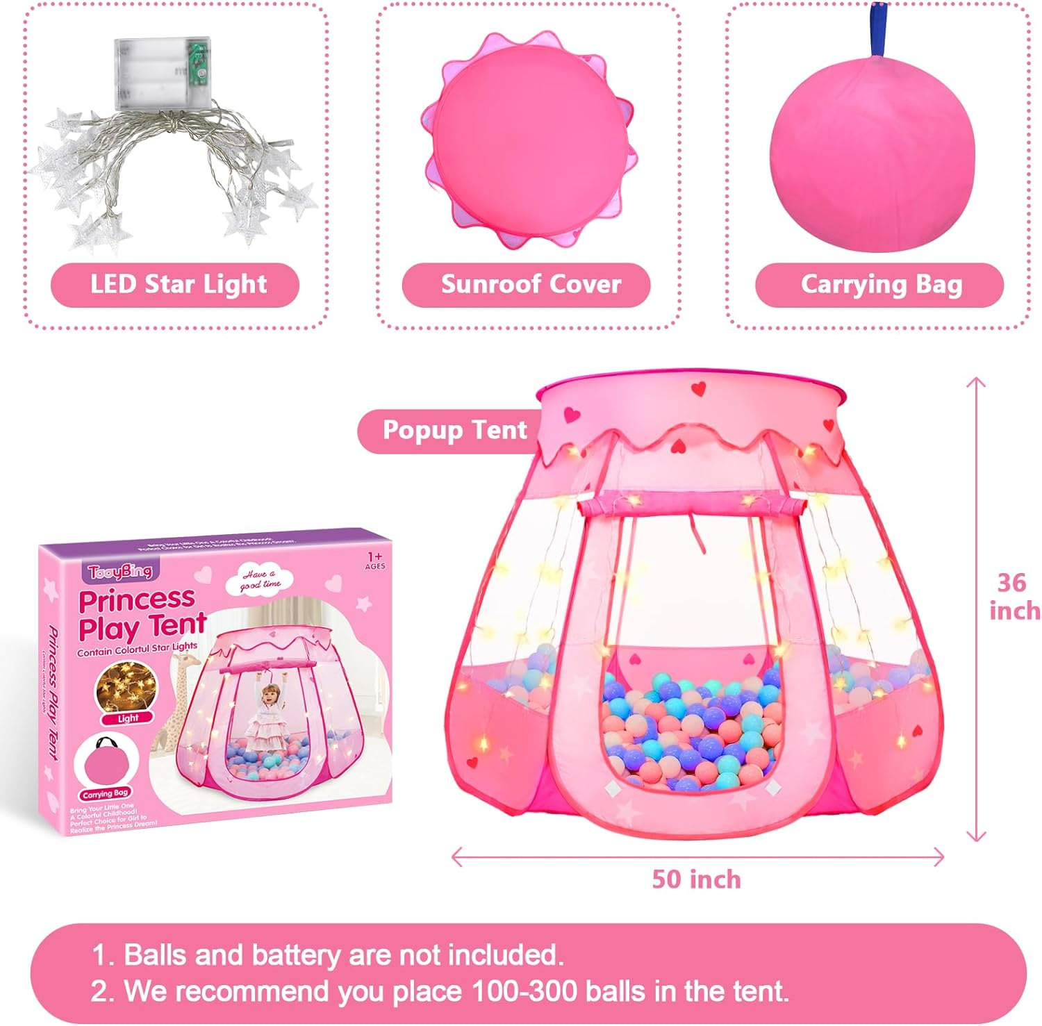 Pop up Princess Tent with Star Light, Toys for 1 2 3 Year Old Girl Birthday Gift, Ball Pit for Baby 12-18 Month, Foldable Kids Play Tent for Toddler 1-3, One Year Old Girl Toy Indoor Outdoor