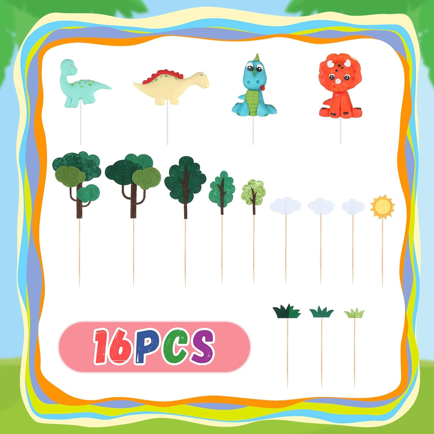 Dinosaur Cake Toppers Forest Series Dinosaur Decoration 16 Pieces Dino Jungle Safari Party Supplies Personalized DIY Cake Cupcake Inserts for Baby Shower Birthday Dinosaur Theme Party Favors image number 6