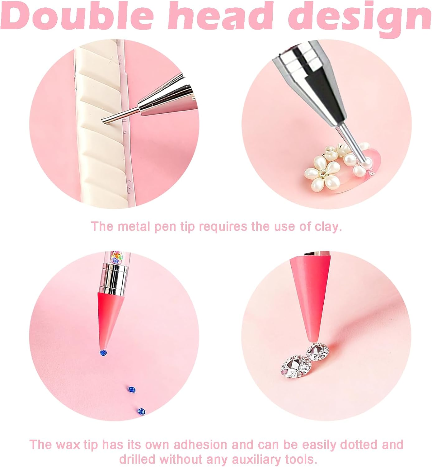 Nail Art Tools - Bedazzling Kit with Acrylic Handle, Dual-Ended Rhinestones Applicator, 4 Extra Wax Tips and 1 Tweezer