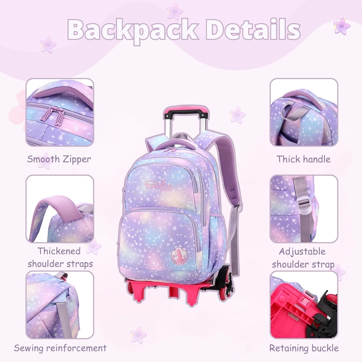 Dream Princess Wind Rolling Backpack for Girls Wheeled Travel Bag Trolley School Bag image number 5