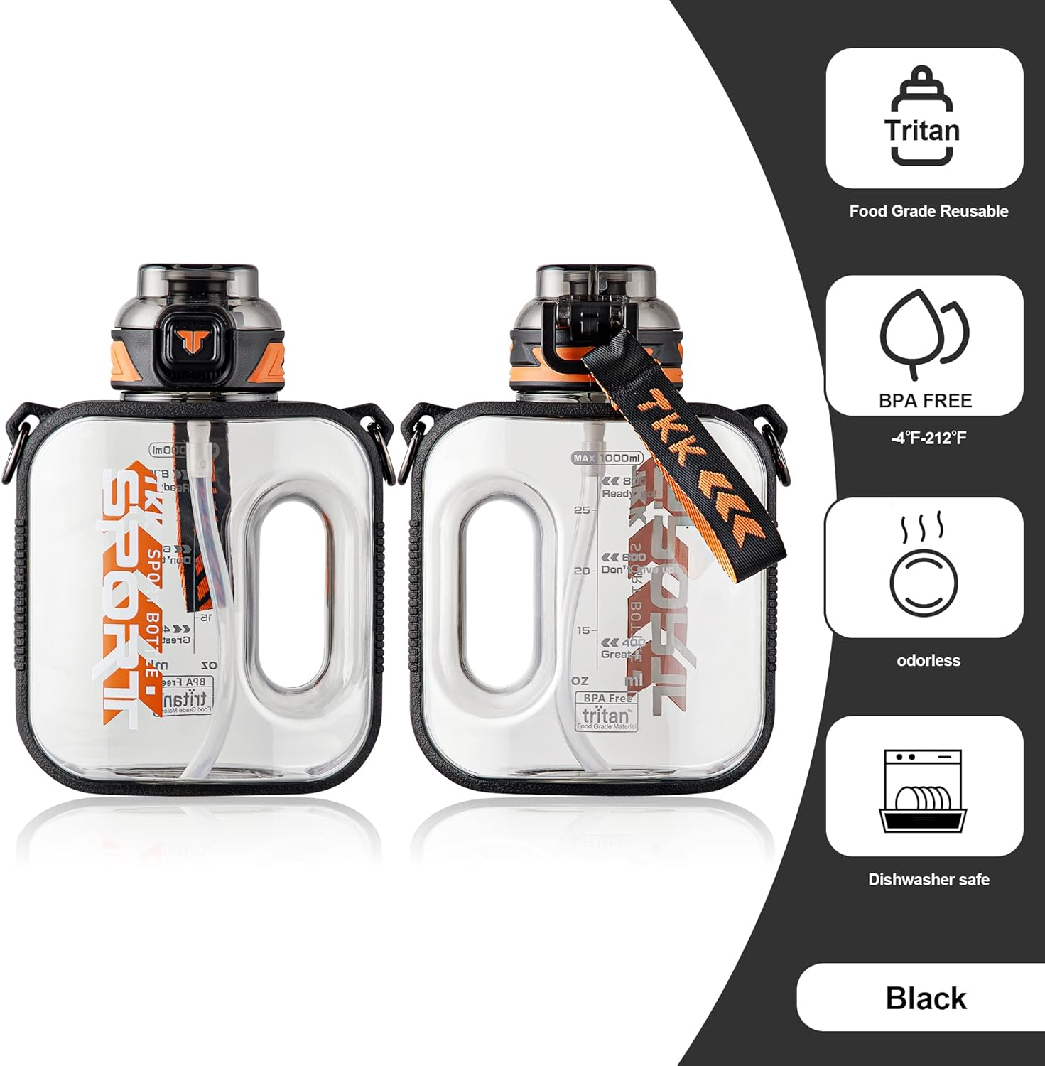 TKK 32Oz Sport Water Bottle with Straw Water Jug with Straw Large Capacity Plastic Water Bottle Dishwasher Safe 1L Water Bottle Jug BPA Free Tritan for Gym Yoga Travel Camping Outdoor Black image number 6