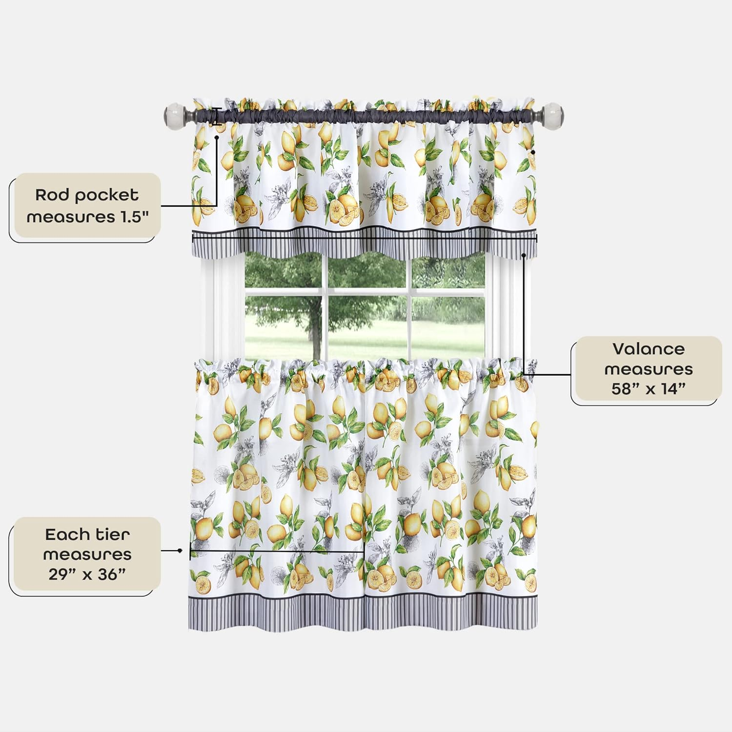 Light Filtering Window Curtain, Printed Tier & Valance Set - 58 Inch Length, 36 Inch Width - Lemon Drop (Yellow), Machine Washable Drape for Kitchen, Bedroom, Living, & Dining Room by Achim Home Decor