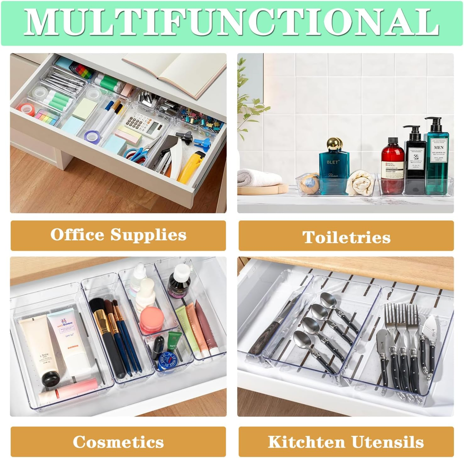 25Pcs Drawer Organisers Set, 4 Sizes Clear Plastic Drawer Organizer & Vanity Organiser for Makeup & Jewelry Storage, Kitchen Utensils & Gadgets, Desk Supplies, Bathroom & Bedroom Organisation image number 1