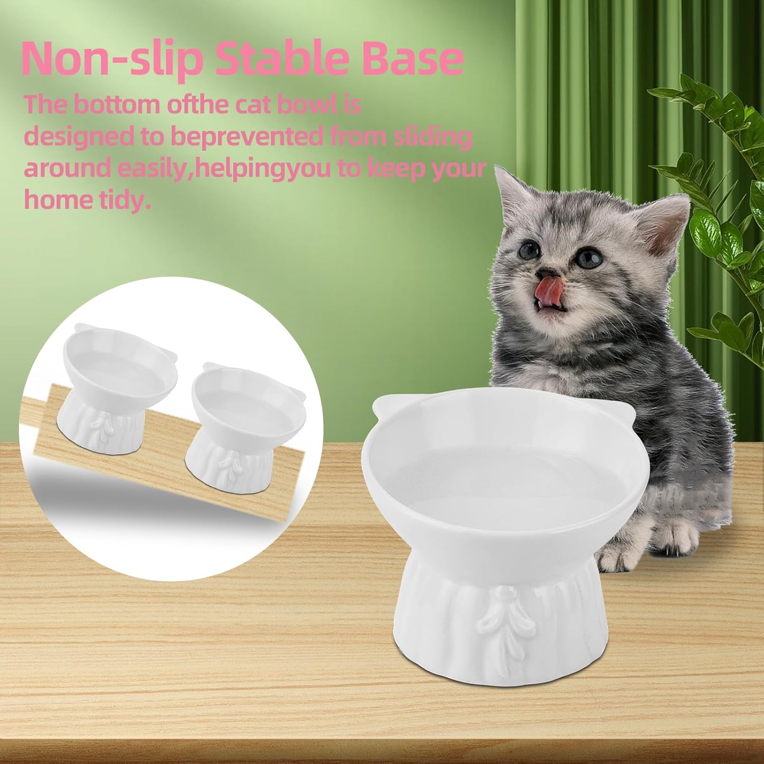Ceramic Elevated Cat Bowls, 2Pc Extra Wide Raised Cat Bowls for Food and Water, Shallow Cat Food Dish Whisker Friendly, anti Vomit Cat Bowls Microwave and Dishwasher Safe, Great Height for Cat (White) image number 5