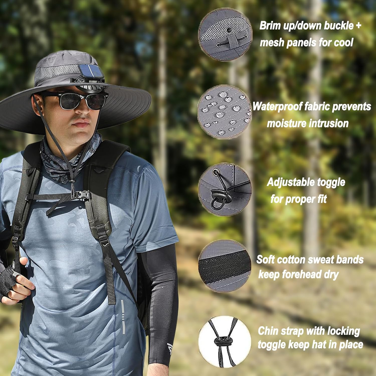 2026 New Solar Fan Hat with 2 Solar Fans, Outdoor Wide Brim Sun Hat UPF50+, Sun Bucket Hat for Men Women, Bucket Fishing & Beach Hat Built in Fan - Army Green image number 2