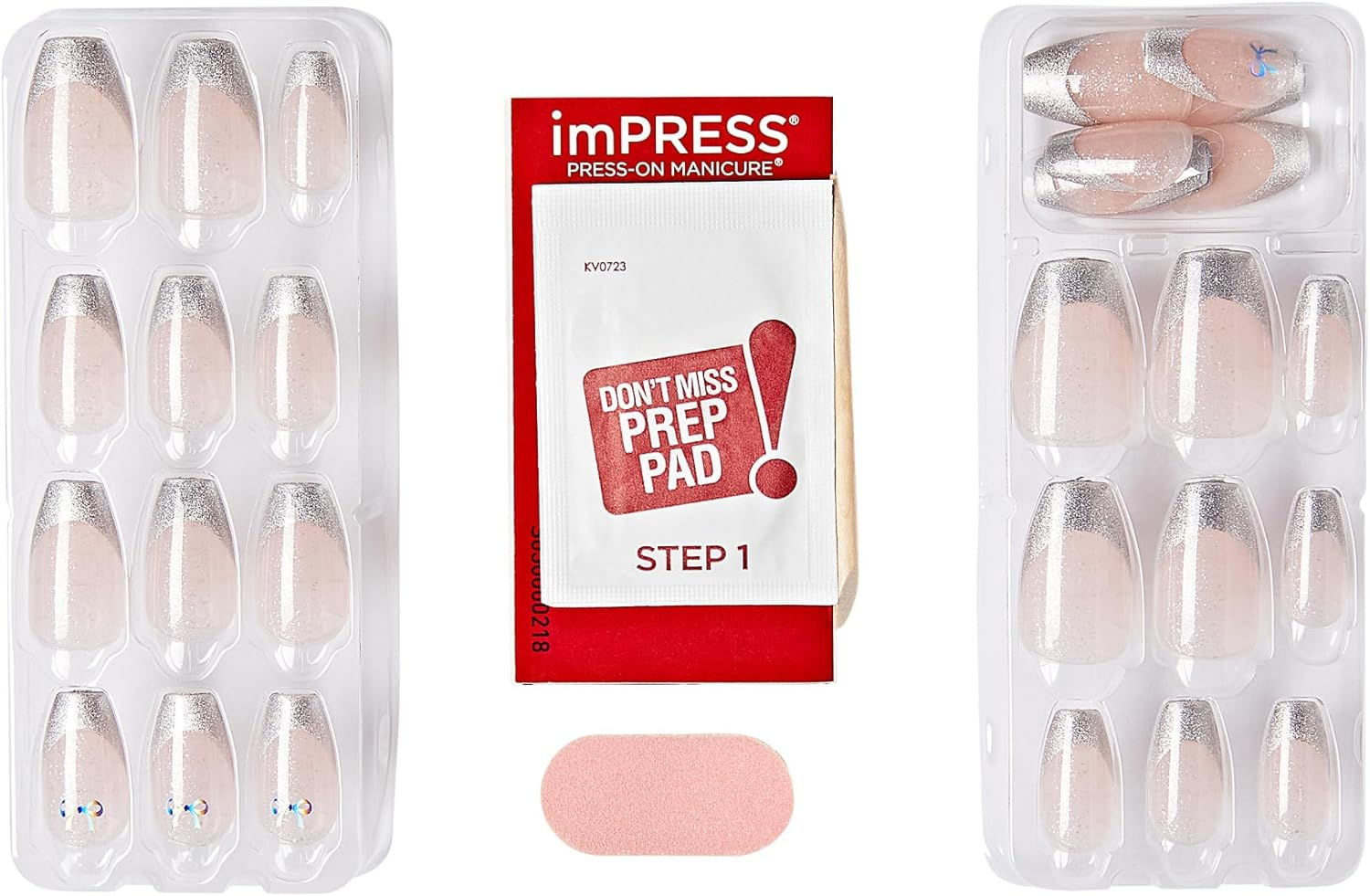KISS Impress No Glue Mani Press on Nails, Premium, 'Memory Lane', Silver, Medium Size, Coffin Shape, Includes 30 Nails, Prep Pad, Instructions Sheet, 1 Manicure Stick, 1 Mini File