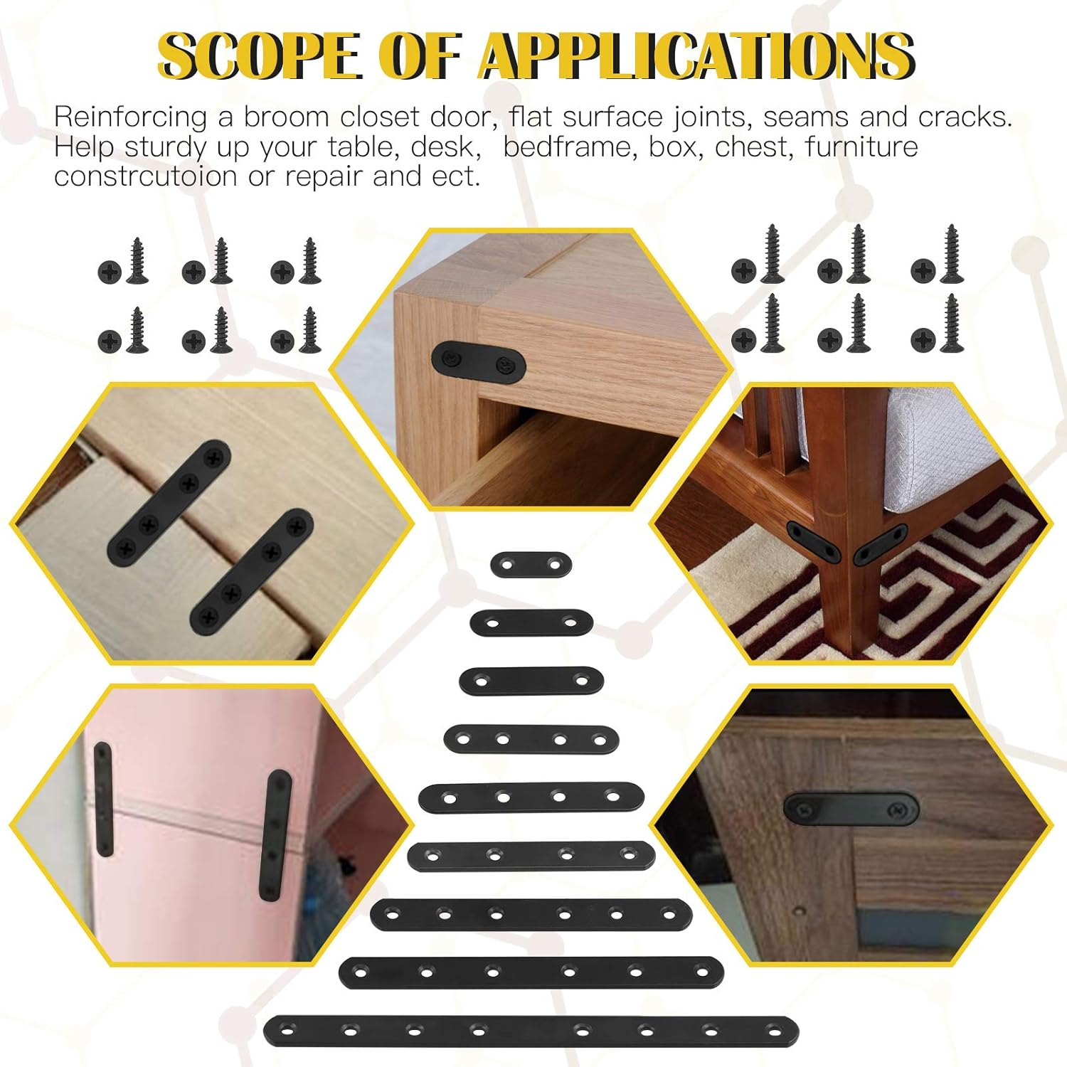 Mardatt 15 Sets 100X17.4Mm(3.9X0.68Inch) Stainless Steel Black Straight Bracket Mending Plates for Wood Heavy Duty Flat Straight Brace Joining with Mounting Screws image number 1