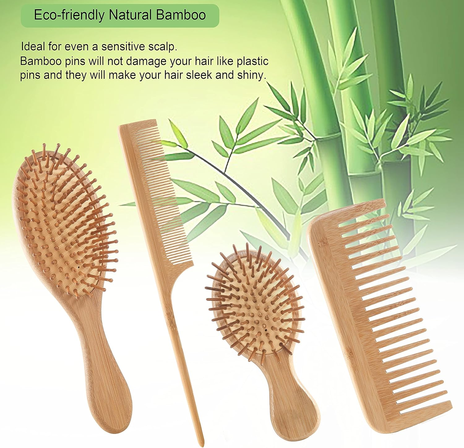 Heatunk Eco-Friendly Hair Brush Comb Set - Anti-Static Detangling for Women and Men - Tail Comb, Tooth Comb, Large & Mini Wooden Massage Brushes for All Hair Types