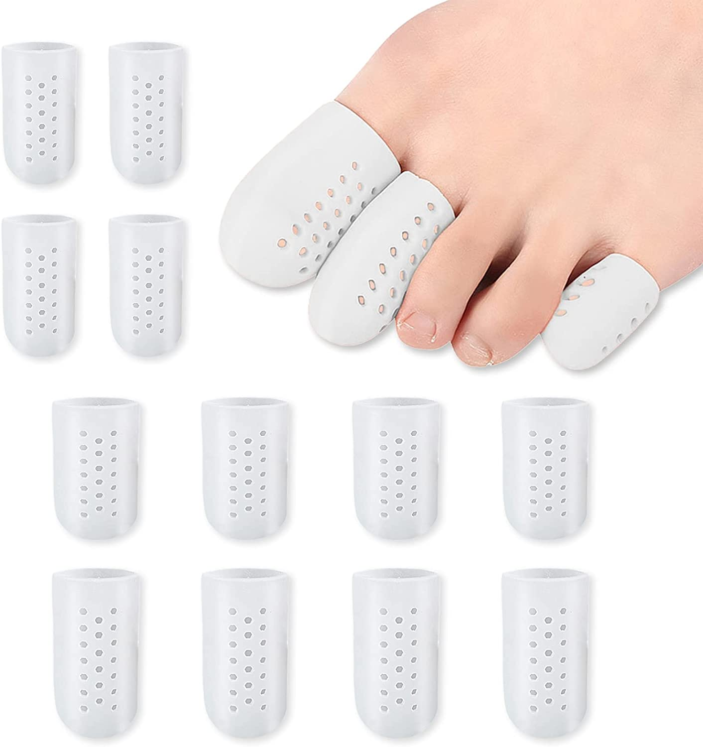 12Pcs 3 Sizes Gel Toe Protectors Breathable, Blister Toe Caps with Holes, Reusable Toe Covers Women Men for Hammer Toes, Toe Guards for Feet, Missing or Ingrown Toenails (White)