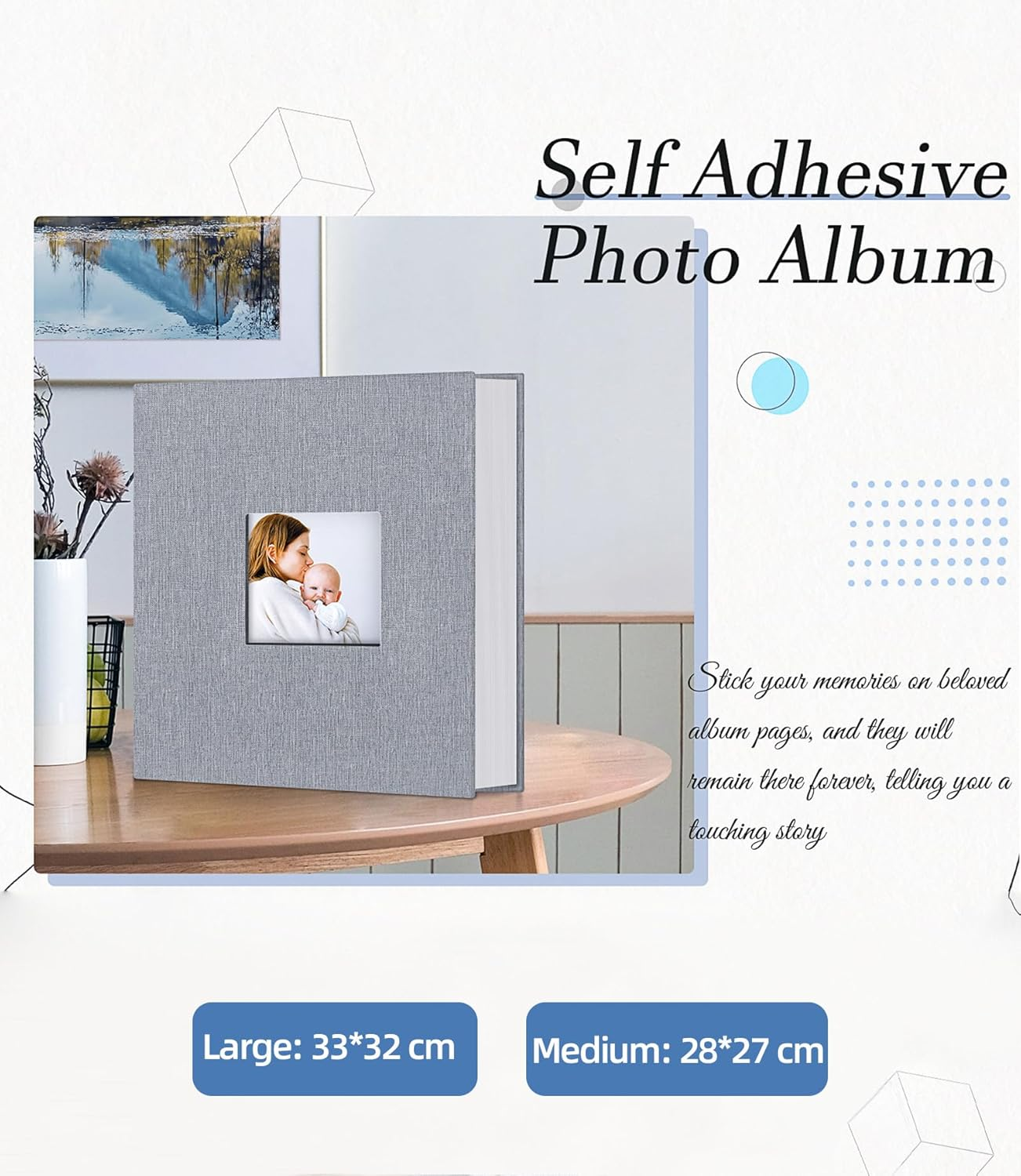 EZKOXAH Photo Album Self Adhesive Book with Picture Window Linen Cover, 20 Pages/40 Sides DIY Pasted for Family Travel, Baby Growth Record, Wedding Scrapbook, Birthday Gifts (Gray, Medium (28X27Cm)) image number 3