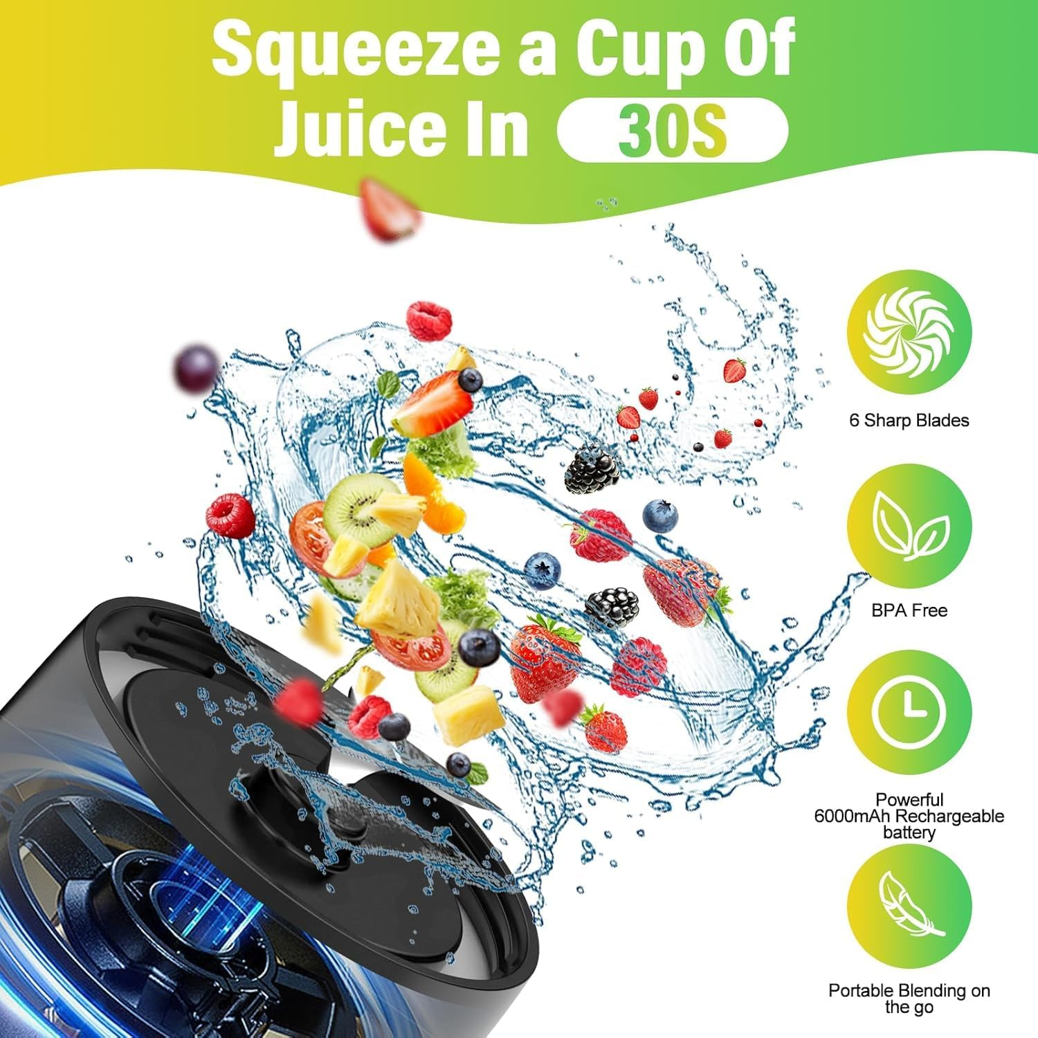 Portable Blender, 360 Watt Personal Blender for Shakes and Smoothies, 6000Mah USB Rechargeable, BPA Free 24 Oz Juicer Cup with 6 Blades and Lid, Self Cleaning Portable Juicer for Kitchen, Black image number 2