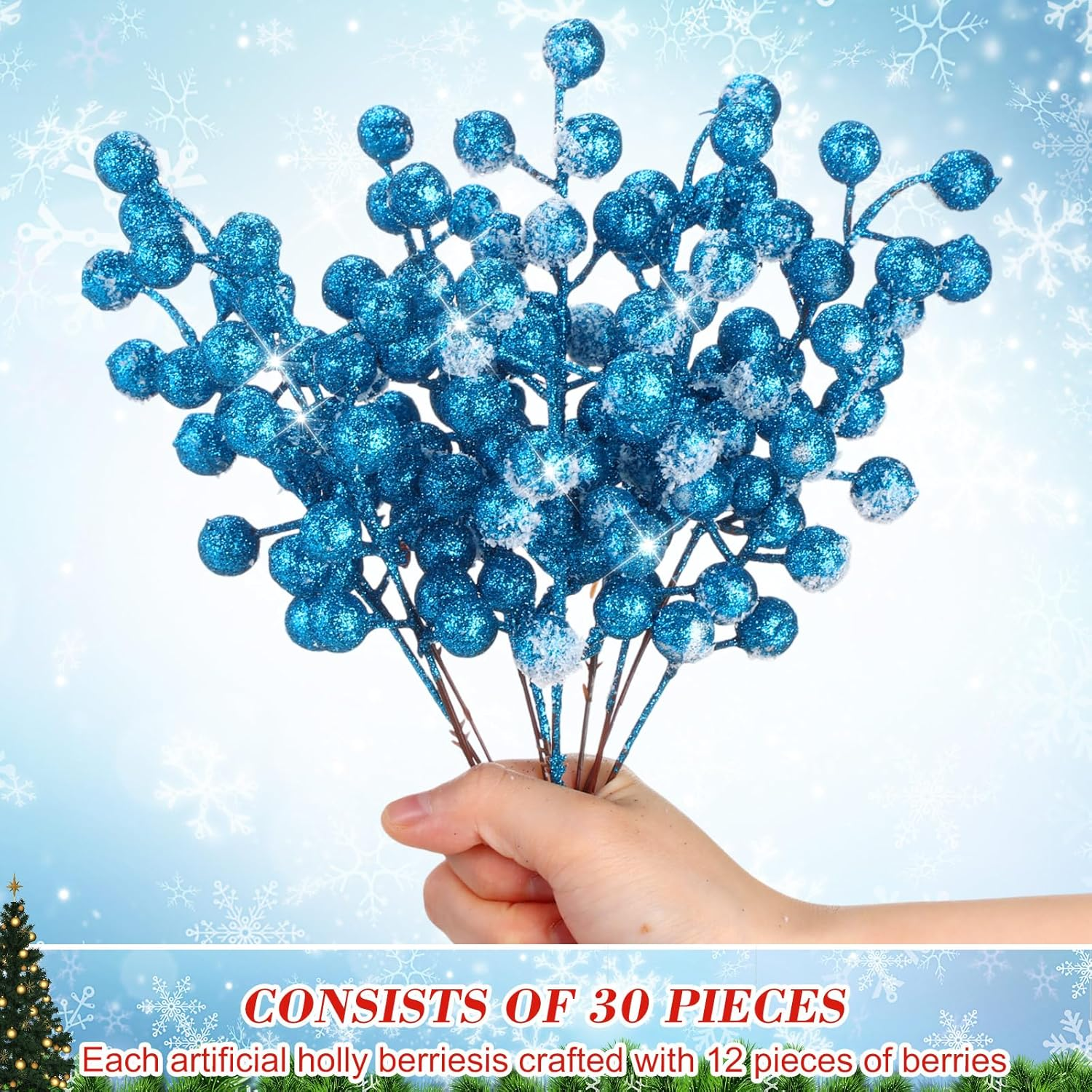 Geosar 30 Pieces Artificial Christmas Berry Picks with Snowflake Glitter Artificial Holly Berry Stems for Christmas Tree Ornaments Vases DIY Crafts Home Wedding Party Holiday Decor(Light Blue) - Black image number 6