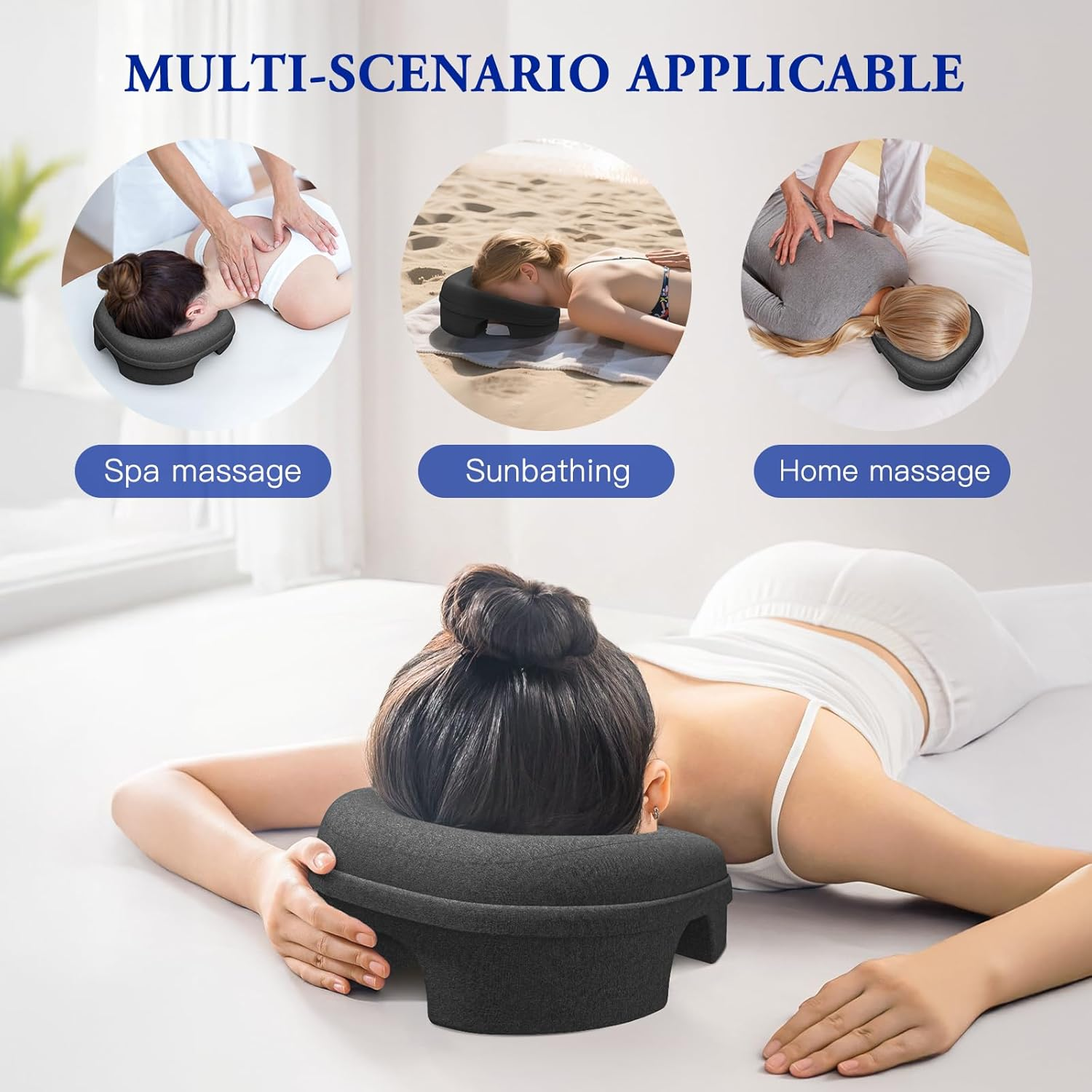 Face down Pillow and Massage Headrest for Bed, 3-Air-Hole Pillow for Stomach Sleeper, Suitable for Beach Tanning, Home Massages, Eye Surgery Recovery, Back and Waist Pain, Etc (Black)