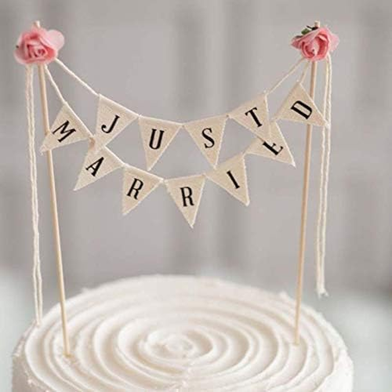Wedding Cake Topper,Vintage Affair Rustic Just Married Wedding Cake or Cheese Bunting,Handmade Pennant Flags with Wood Pole Ivory (With Pink Rose) image number 1