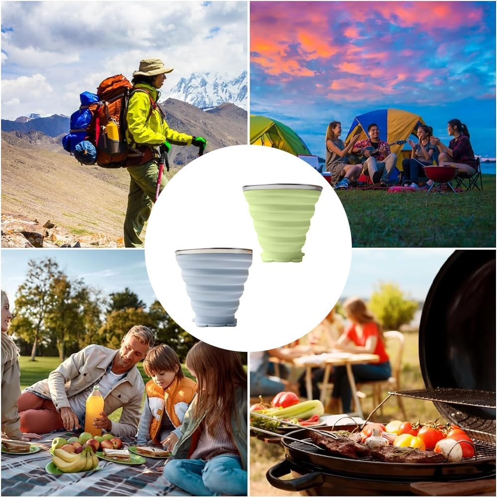 Foldable Cup, Pack of 2 Folding Cups, Silicone, Foldable Travel Mug, Foldable Silicone Cup with Lid, Reusable for Picnics, Camping, Outdoor, Hiking, Travel, 270 Ml, Sky Blue, Matcha Green image number 4