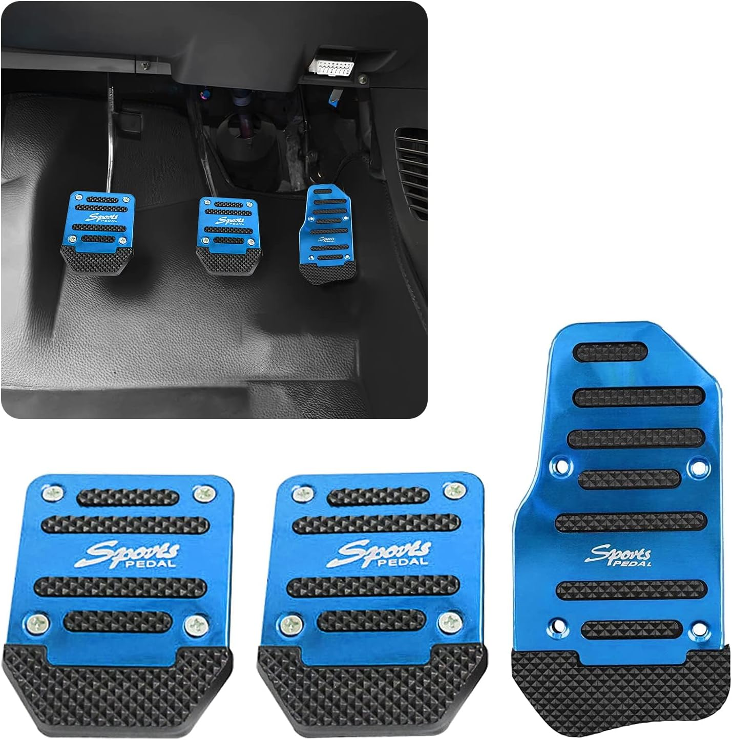 3 PCS Car Non-Slip Aluminum Alloy Pedal Pads, Manual/Automatic Gearbox Gas Pedal Brake Pedal Cover, Anti-Rubbing Car Clutch Pedal Kits, Auto Universal Replacement Accessories (Blue) (Blue) image number 2
