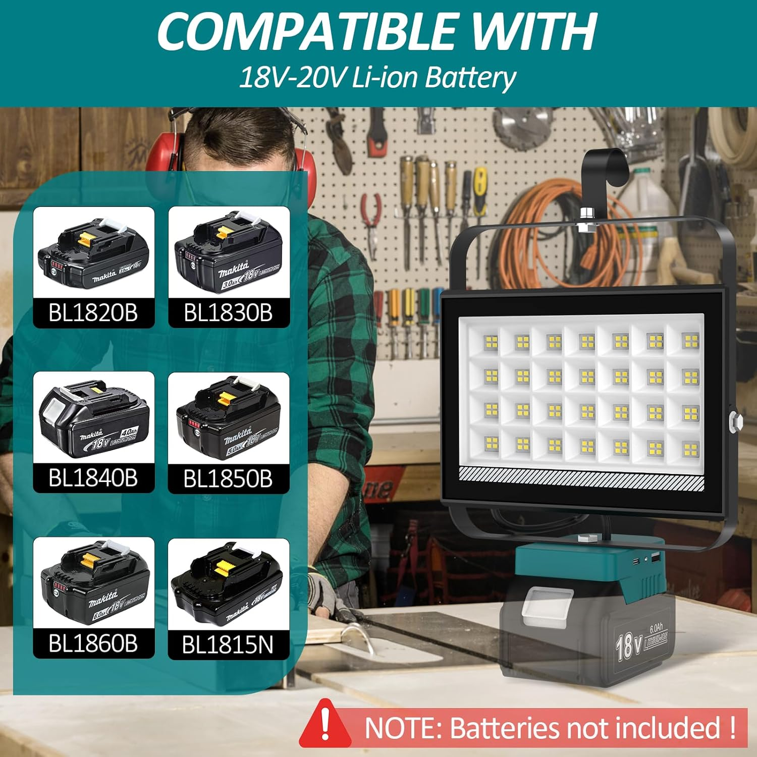 Portable Cordless LED Work Light for Makita 18V Battery, 100W 6500LM Flood Lights,Battery Lights with USB and Type C Charging,Ideal for Jobsite, Garage, Camping, Emergency(2 Modes & No Battery) image number 4