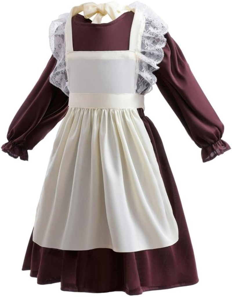 Dressy Daisy Pioneer Colonial Prairie Maid Dress Costume Clothing with Apron and Bonnet Mob Cap for Toddler Little Girls, Brown image number 4