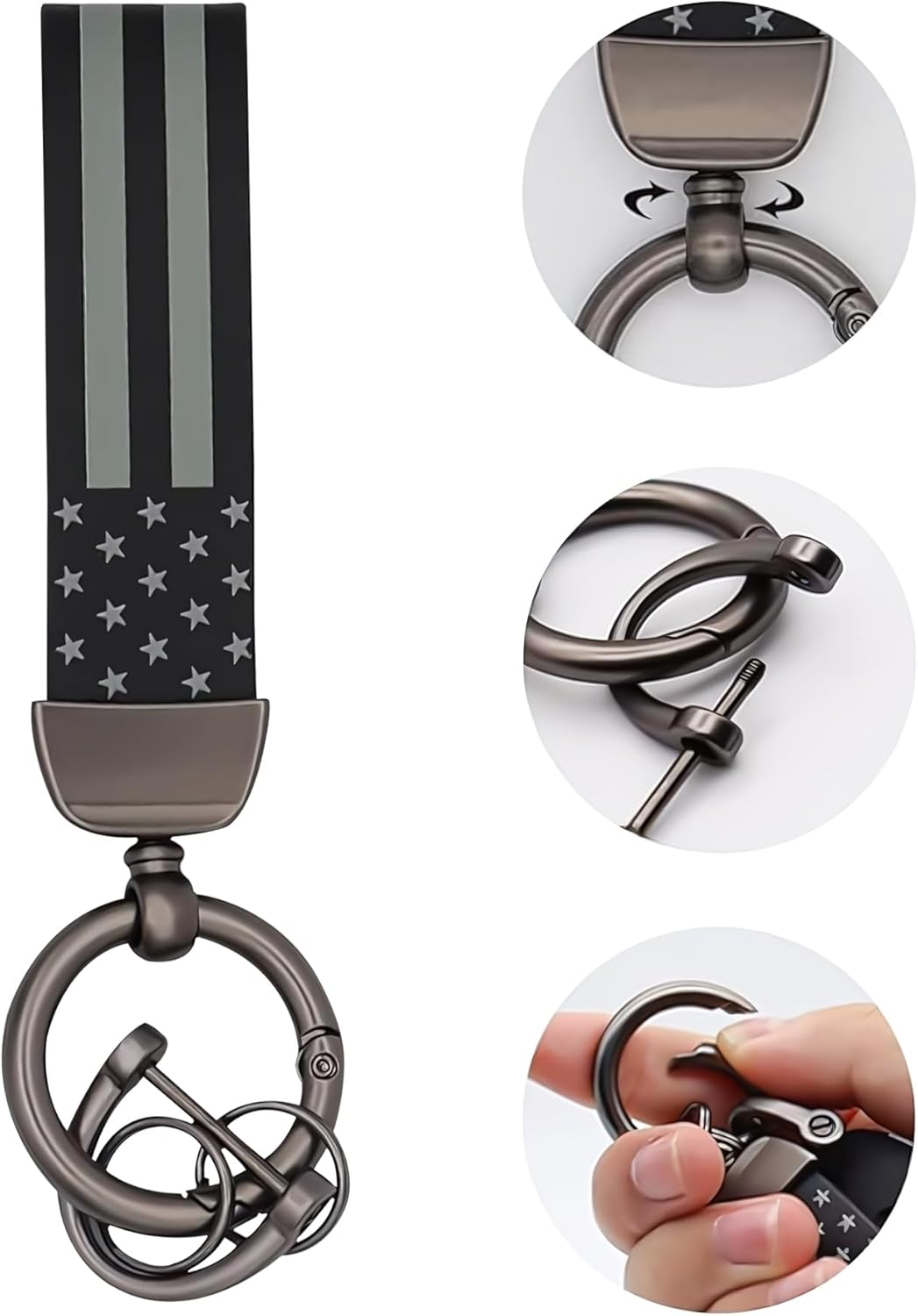 JUNJIAWU Leather Car Key Chain: American USA Flag Car Keychain with Zinc Alloy Ring Carabiner for All Car Key Accessories image number 2