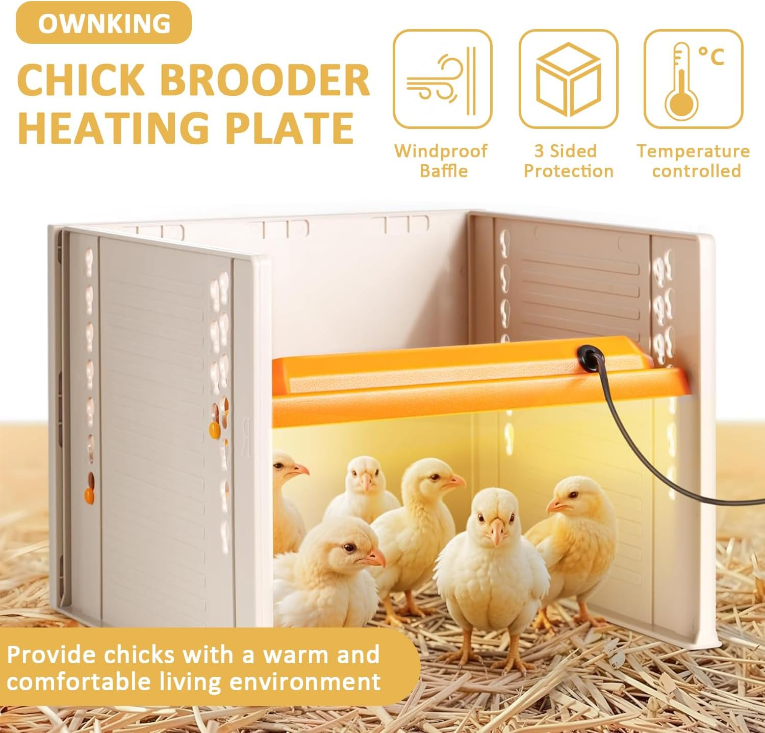 OWNKING Chicken Brooder, 25W Brooder Heater for Chicks, Temperature Contro, Three Sided Protection, Adjustable Height and Angle, Chicken Brooder Heating Plate Warm like Mother Hen, 27.5 X 26.5 CM image number 1