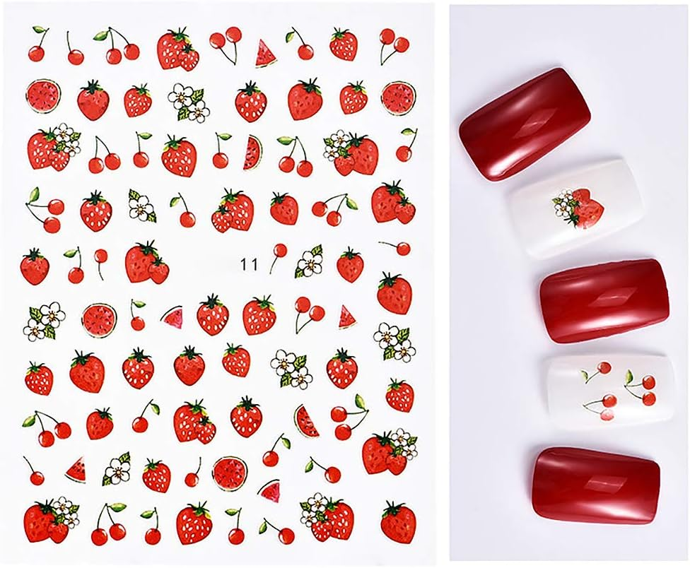 2 Sheets Nail Art Stickers Flowers Beautiful Nail Stickers DIY Nail Decals and Strawberry Nail Stickers for Girls image number 4