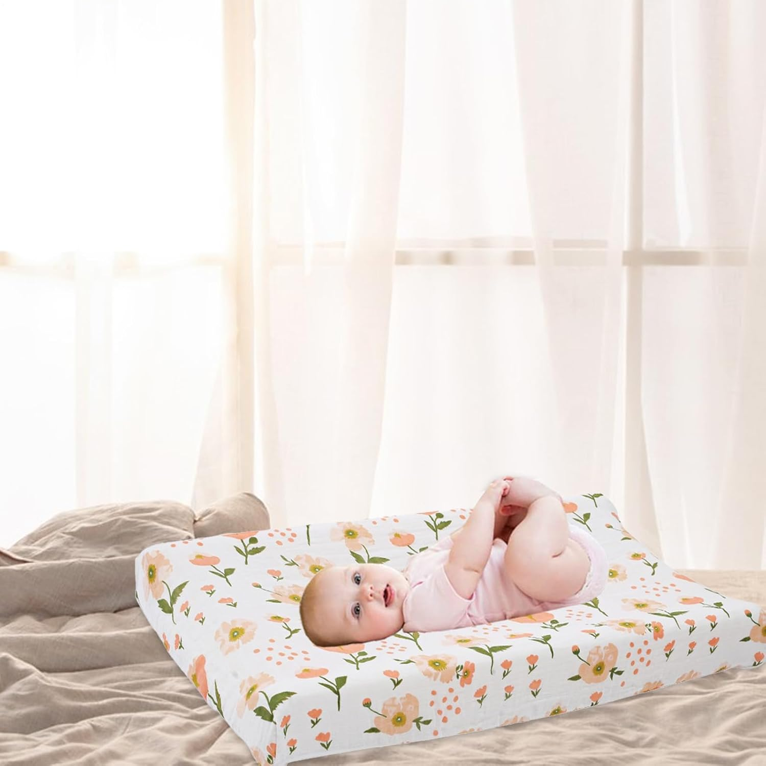 Cotton Diaper Changing Pad Cover, 82X41Cm Elastic Cute Pattern Cradle Mattress Sheets, Super Soft & Breathable, Stylish Flowers Animal Changing Pad Covers for for Baby Boys Girls（Cover Only） image number 1