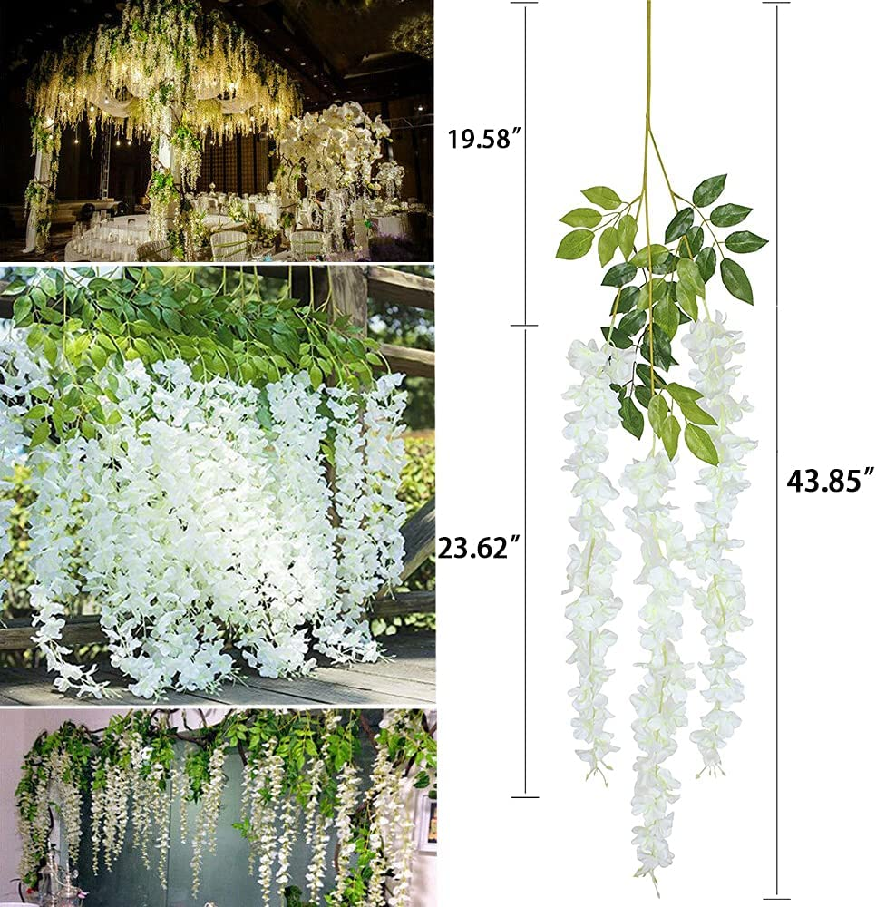 Fake Hanging Flowers - 12 Pieces 3.75 Feet/Piece Artificial Wisteria Vine Ratta Hanging Garland Silk Flowers for Home Party Wedding Decor (White) image number 6