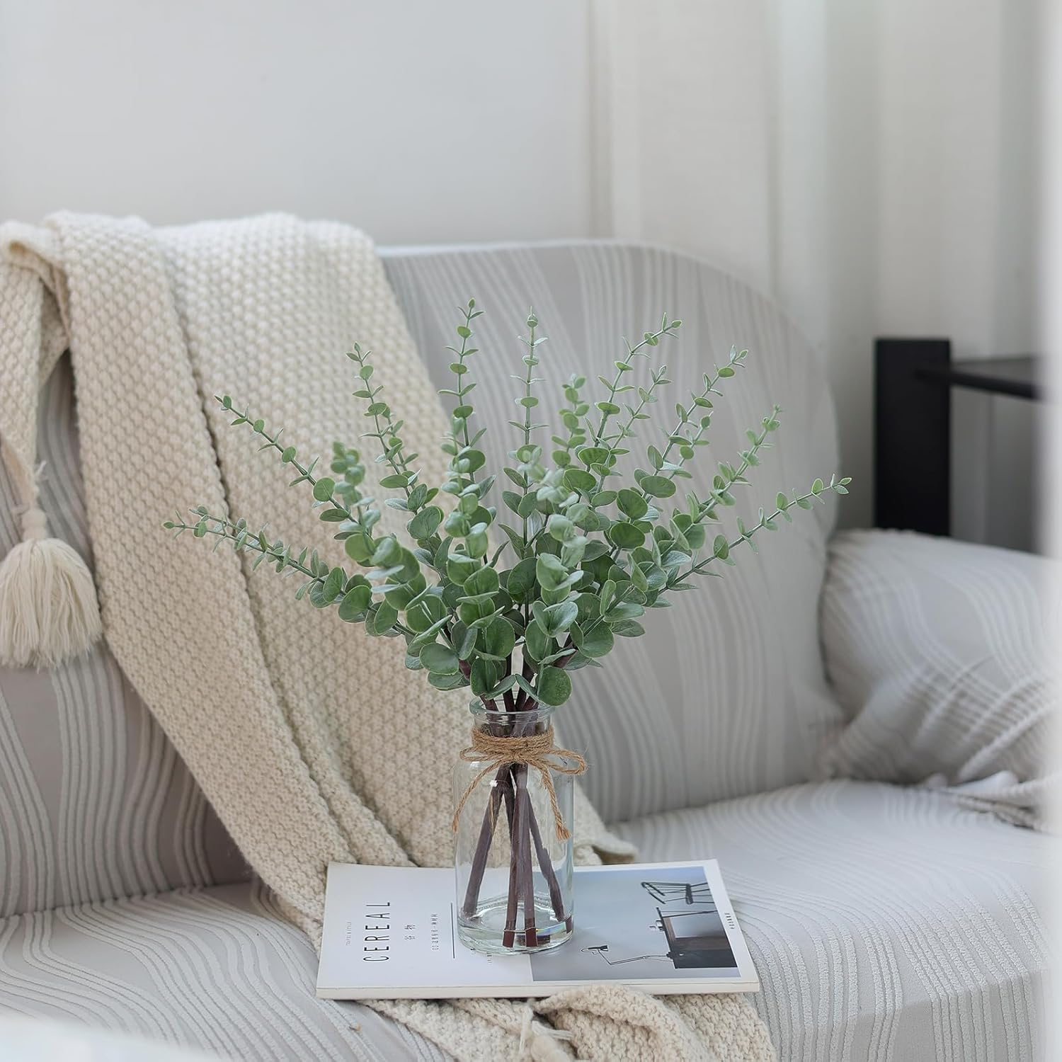VIERENA 17.5" Artificial Eucalyptus Stems in Glass Vase with Faux Water,Fake Plant Eucalyptus Leaves White Seeds for Centerpiece Table Decorations Farmhouse Wedding Home Greenery Decor (Sage Green) image number 3