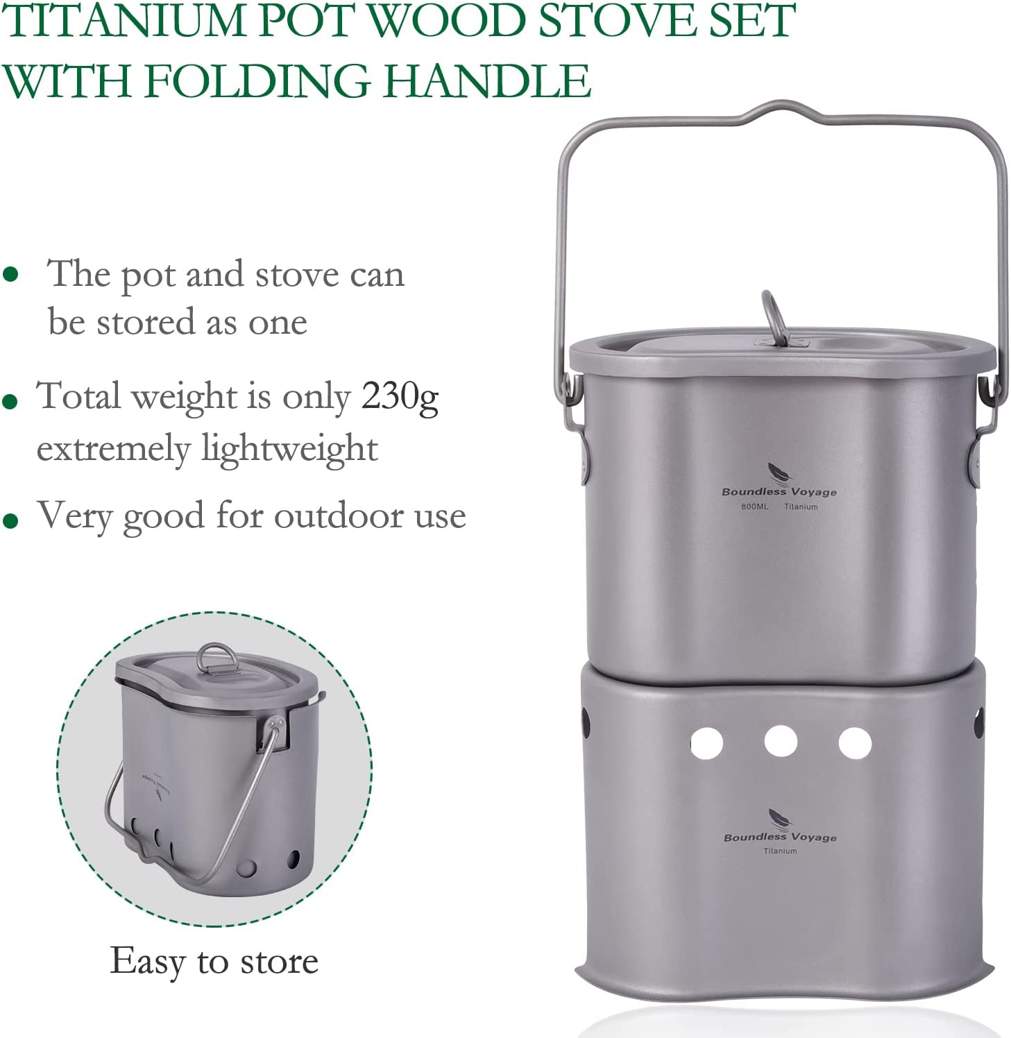 Boundless Voyage Outdoor Titanium Pot with Stove Set Ultralight Foldable Wood Stove Pot Set for Camping Picnic Hiking Backpacking Ti2005C image number 1