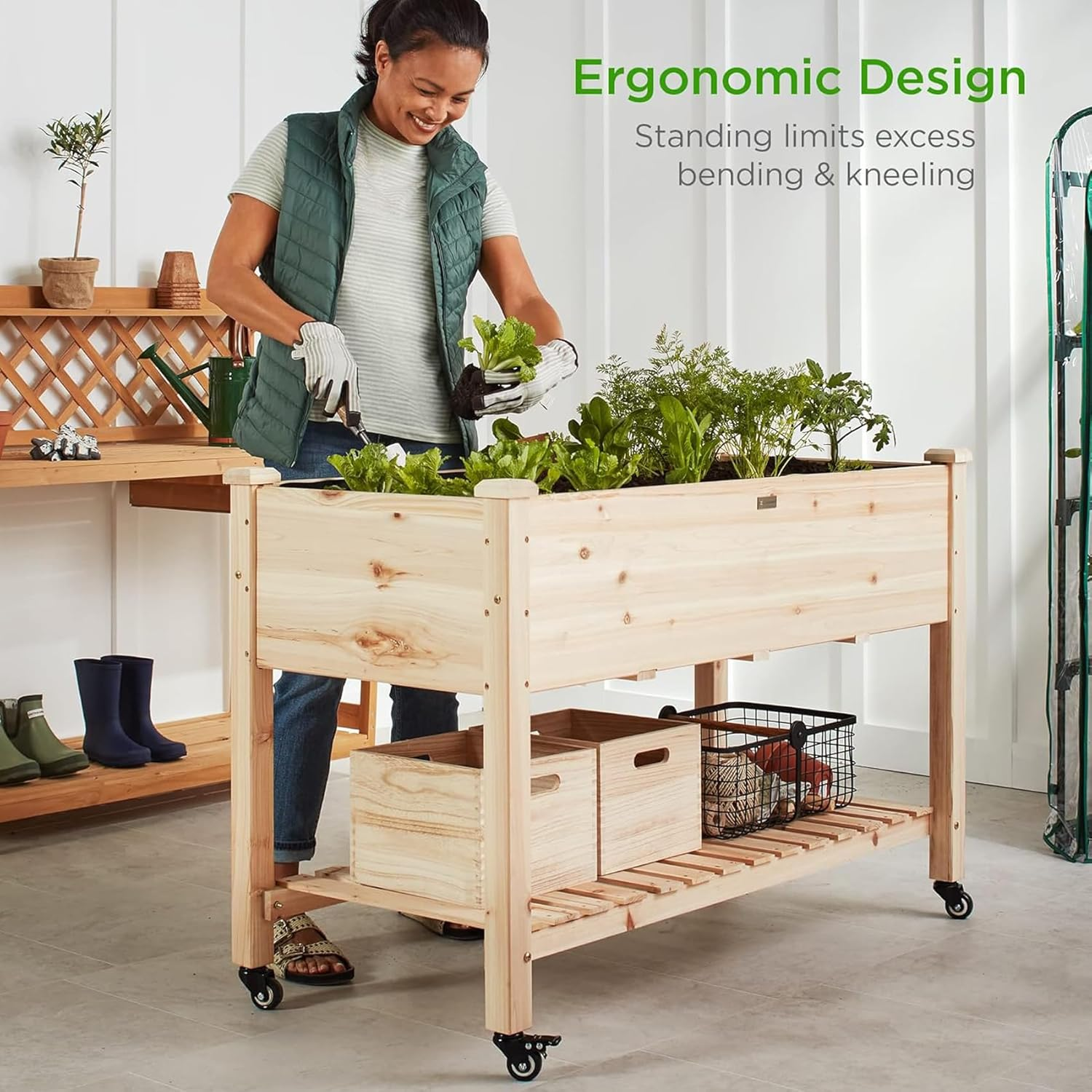 Natural Raised Garden Bed with Wheels, Mobile Elevated Wood Planter Box for Outdoor Patio, Deck, Balcony, Backyard, 120 * 59 * 80CM image number 4