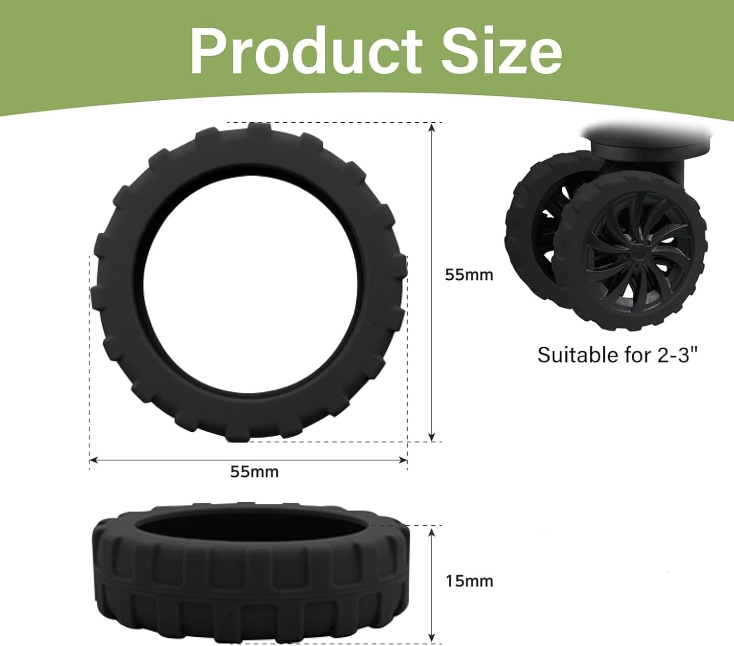 Elegance-Go Luggage Wheel Covers, Pack of 8 Silicone, Noise, Shock-Absorbing, Black, 5.5Cm X 5.5Cm X 1.5Cm image number 2