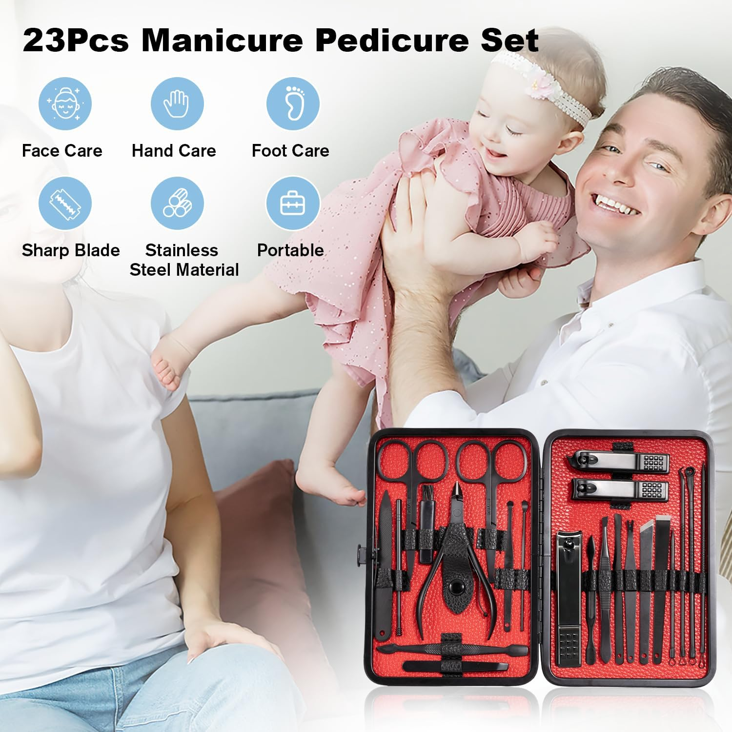 Manicure Set Nail Set 23-Piece Pedicure Set Nail Clippers Stainless Steel Portable Nail Scissors Set with PU Leather Case Nail Care Set Professional All-Round Hand Foot Care Kit for Men and Women Black Red image number 1