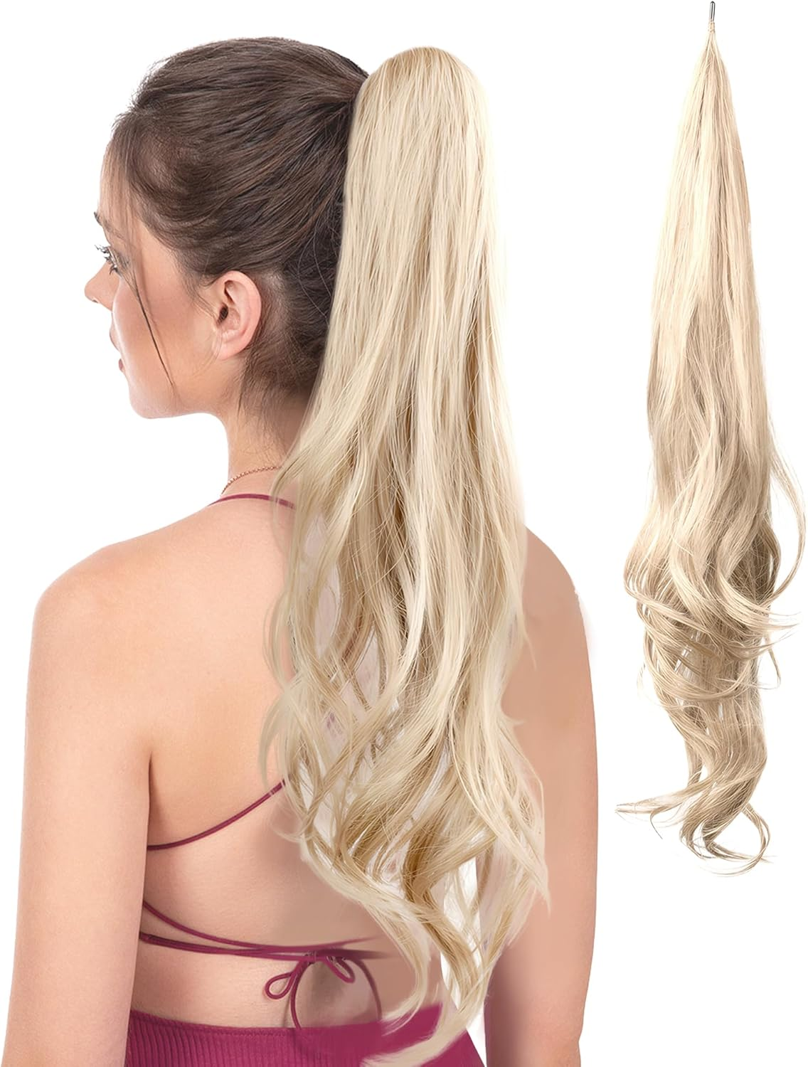 Flexible Wrap around Ponytail Hair Extensions Long Wavy Curly Hair Extensions Natural Ponytail Fake Pony Tail Natural Black Synthetic Ponytails Hairpiece for Women Daily Use Black image number 6