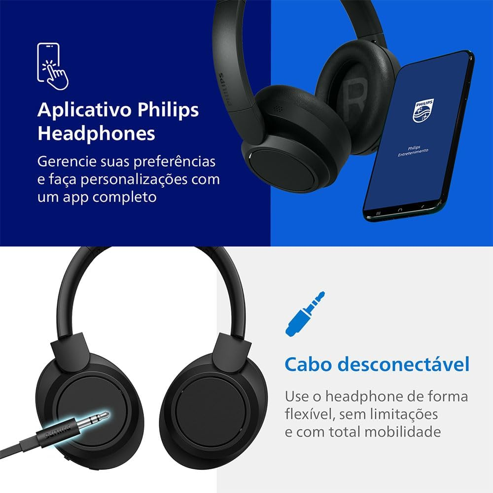 Philips TAH6509BK/00 Noise Cancelling Over-Ear Wireless Bluetooth Headphones - Excellent Call Quality, Compatible with Voice Assistants and up to 45 Hours of Music Playback Time - Black image number 2
