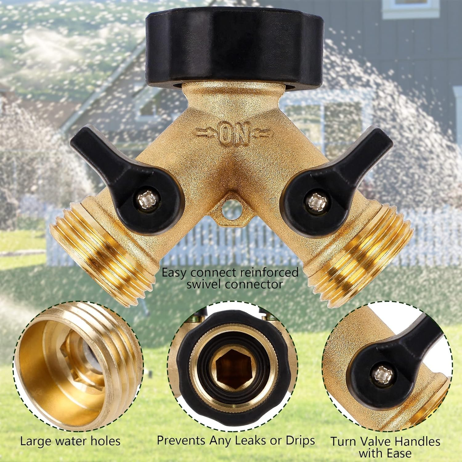 Garden Hose Splitter 2 Way, Heavy Duty Brass Connector Tap Splitter, Y Splitter 2 Valves with 2 Quick Connectors Adaptors and 4 Extra Rubber Washers