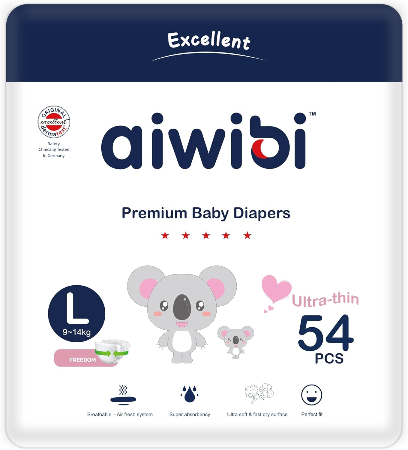 AIWIBI Nappies Size 4 (9-14Kg), 54 Count, Series Light Feather Premium Nappy, Ultra-Soft and Absorption, Hypoallergenic and Leak-Proof image number 4